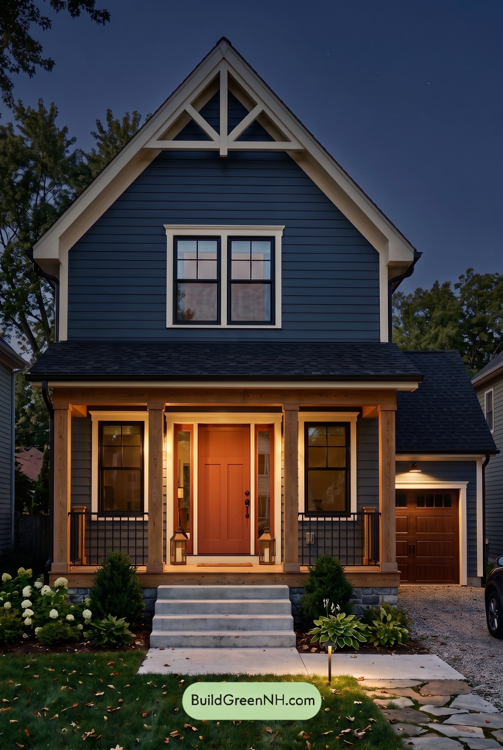 Dark Blue House Exterior with Wood Color Scheme: Twilight Pearl Gable - Nighttime