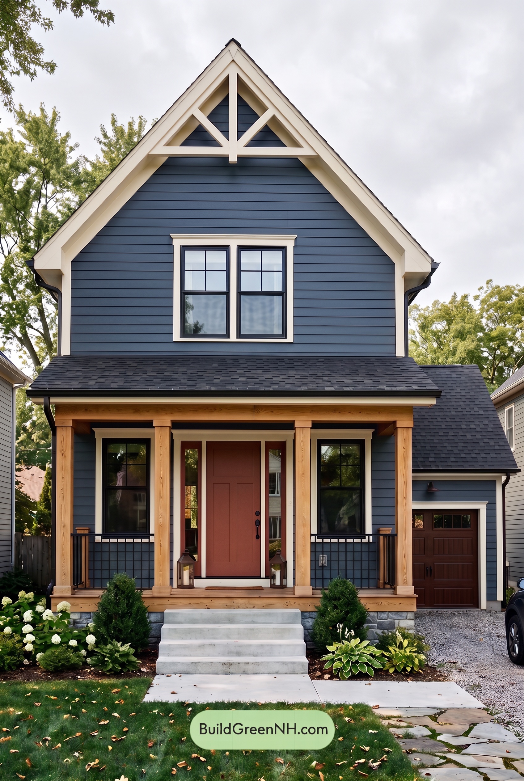 Dark Blue House Exterior with Wood Color Scheme: Twilight Pearl Gable - Overcast