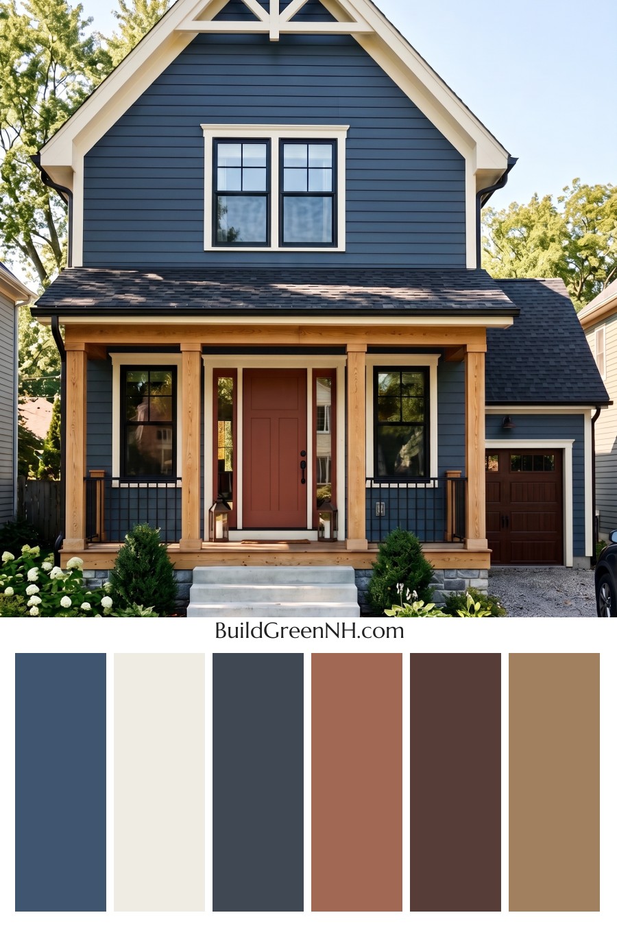 Dark Blue House Exterior with Wood Color Scheme: Twilight Pearl Gable