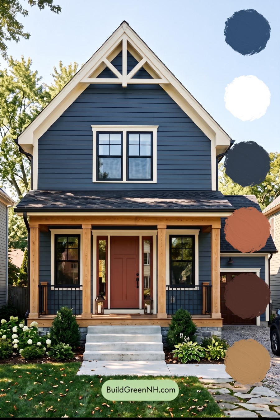 Dark Blue House Exterior with Wood Color Scheme: Twilight Pearl Gable
