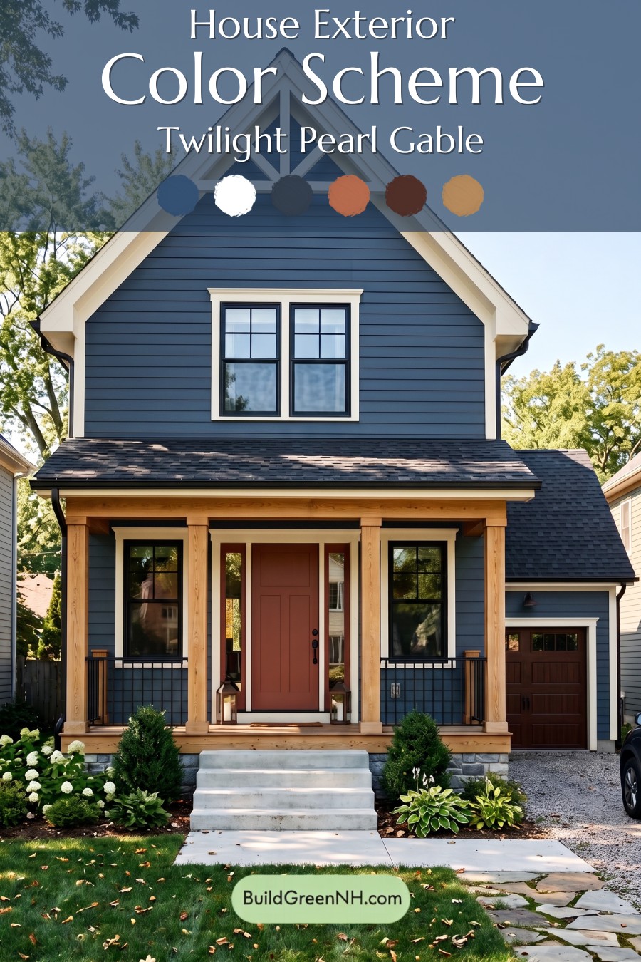 Dark Blue House Exterior with Wood Color Scheme: Twilight Pearl Gable