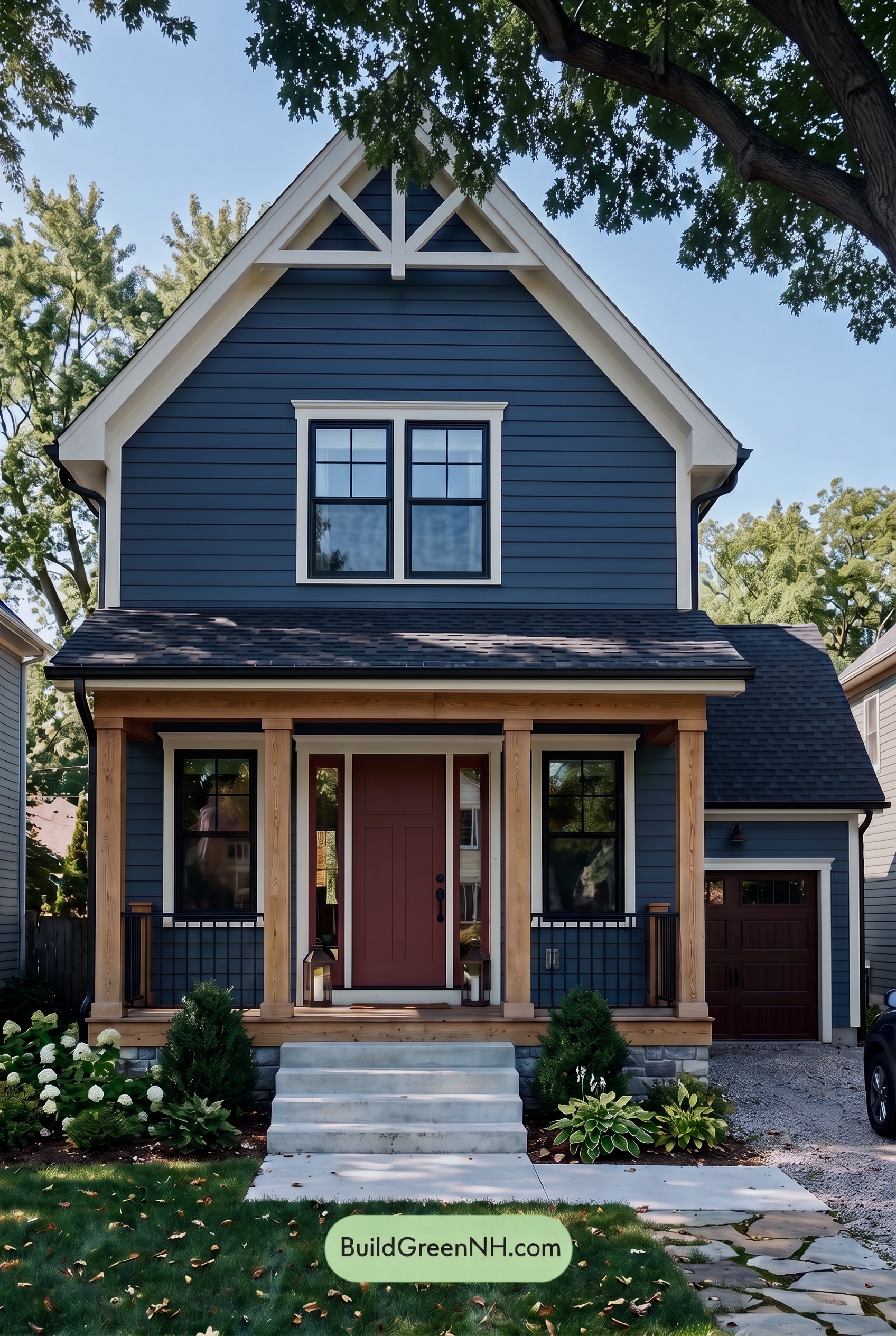 Dark Blue House Exterior with Wood Color Scheme: Twilight Pearl Gable - Shade
