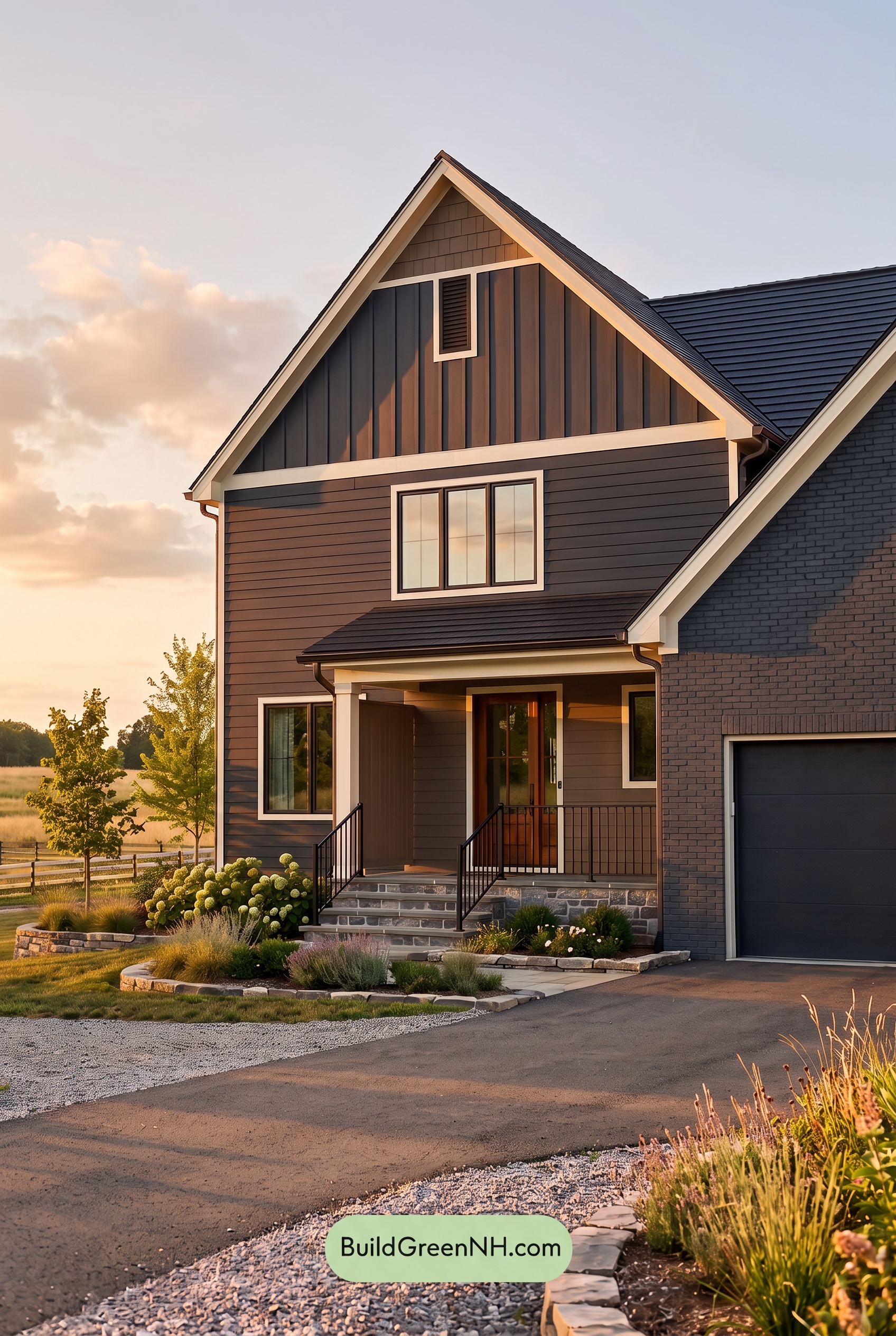 Dark Charcoal House Exterior Color Scheme: Blue Emberwood - Golden Hour