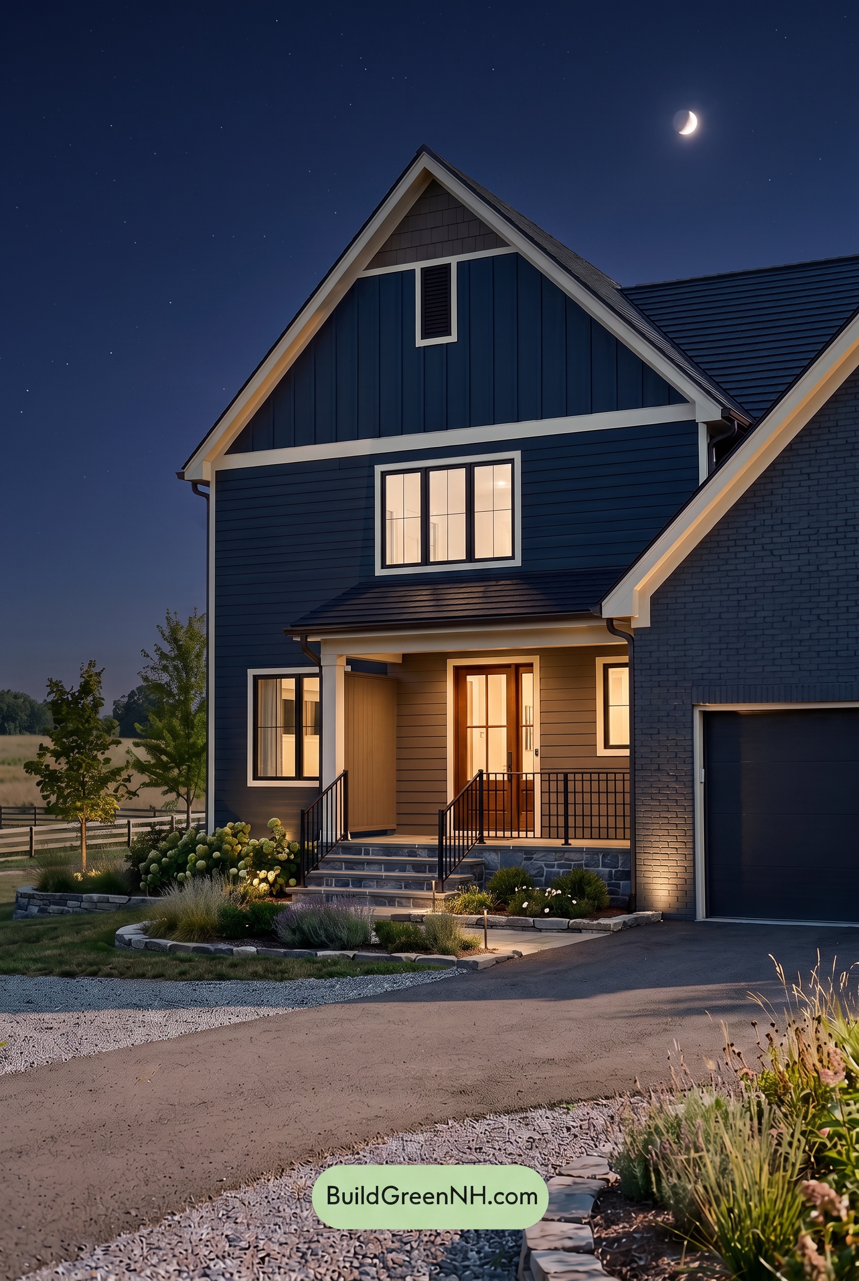 Dark Charcoal House Exterior Color Scheme: Blue Emberwood - Nighttime