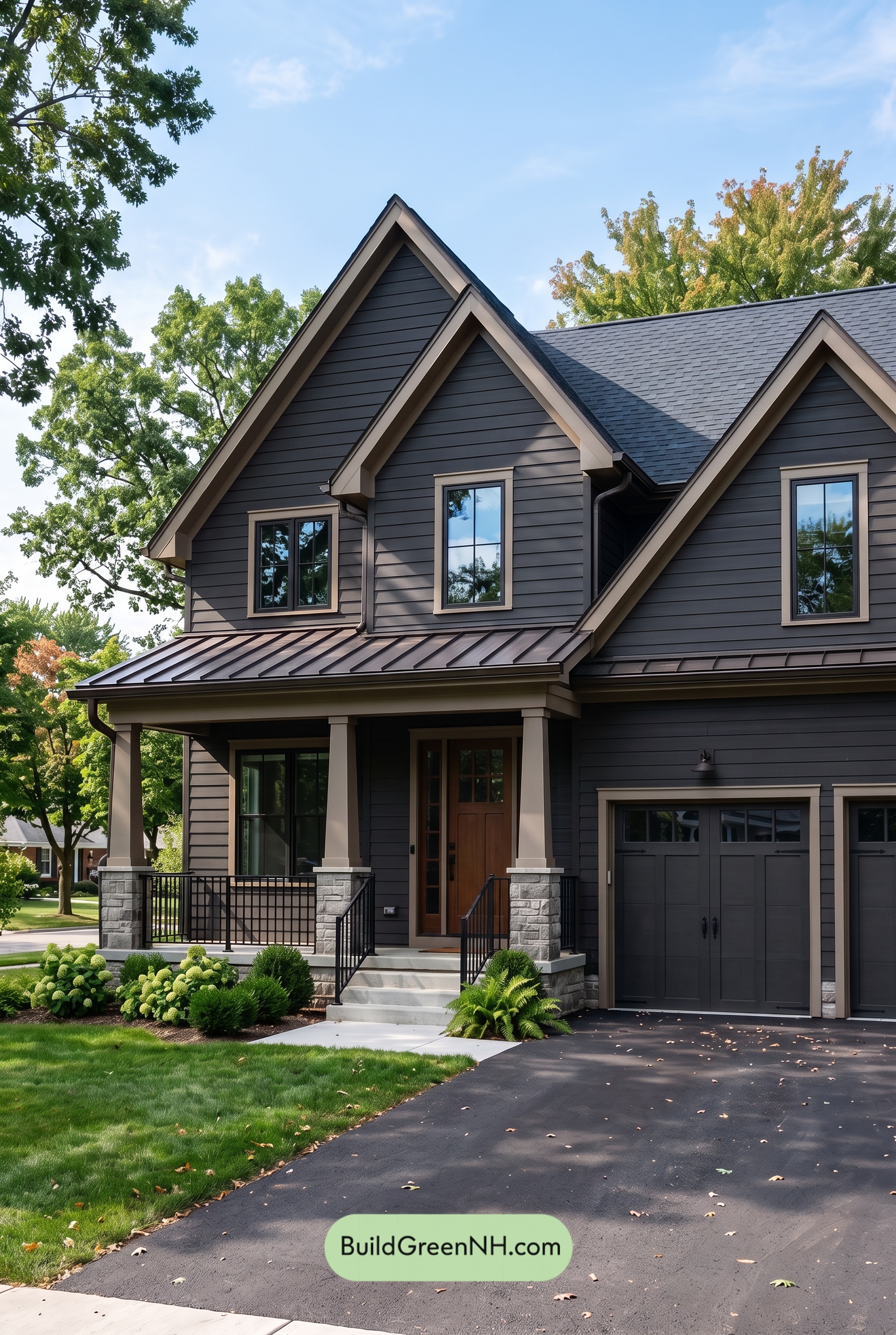 Dark Charcoal House Exterior Color Scheme: Bronze Porchlight