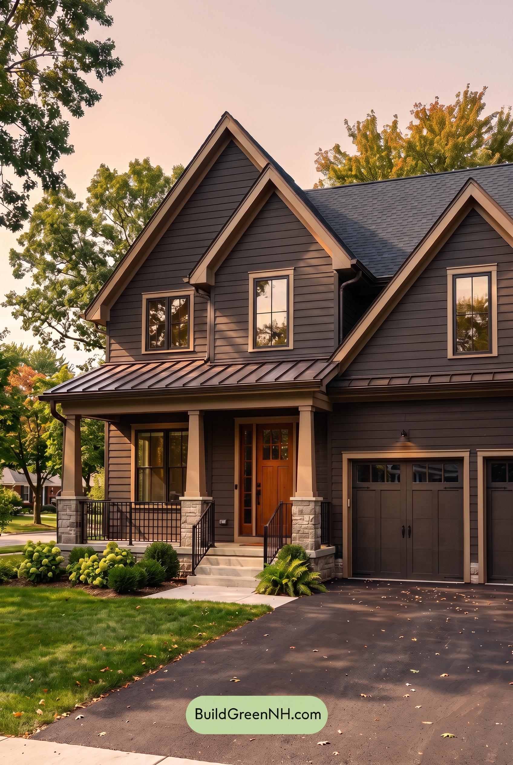 Dark Charcoal House Exterior Color Scheme: Bronze Porchlight - Golden Hour