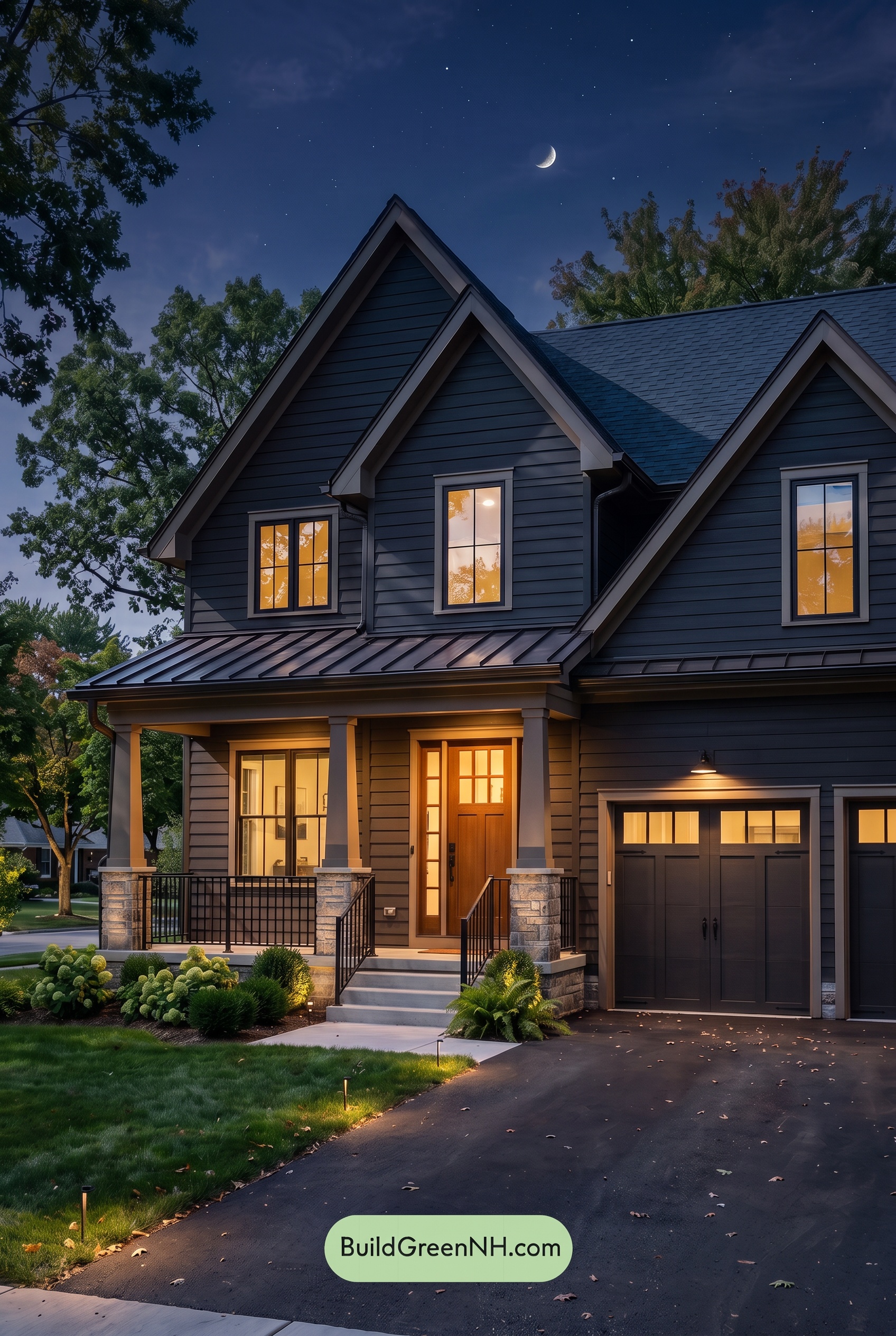 Dark Charcoal House Exterior Color Scheme: Bronze Porchlight - Nighttime