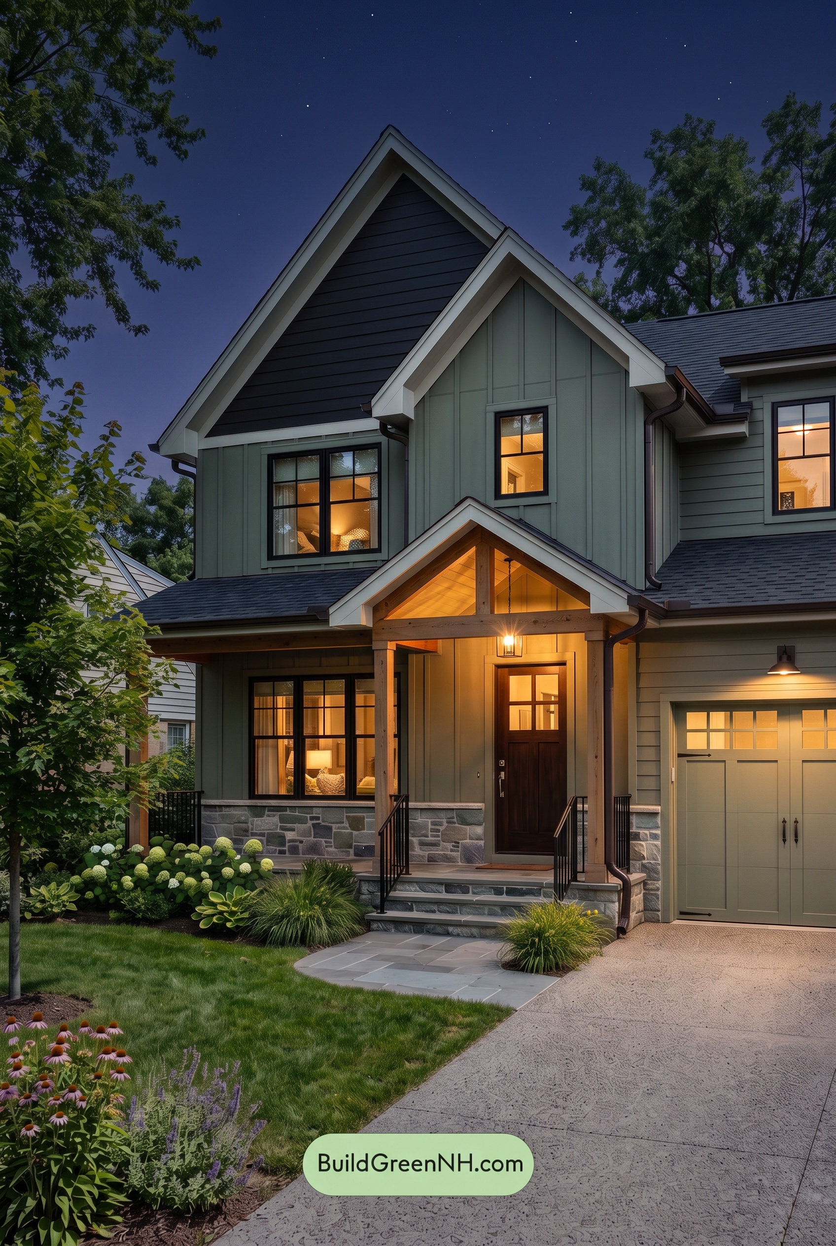 Dark Charcoal House Exterior Color Scheme: Charcoal Moss Reverie - Nighttime