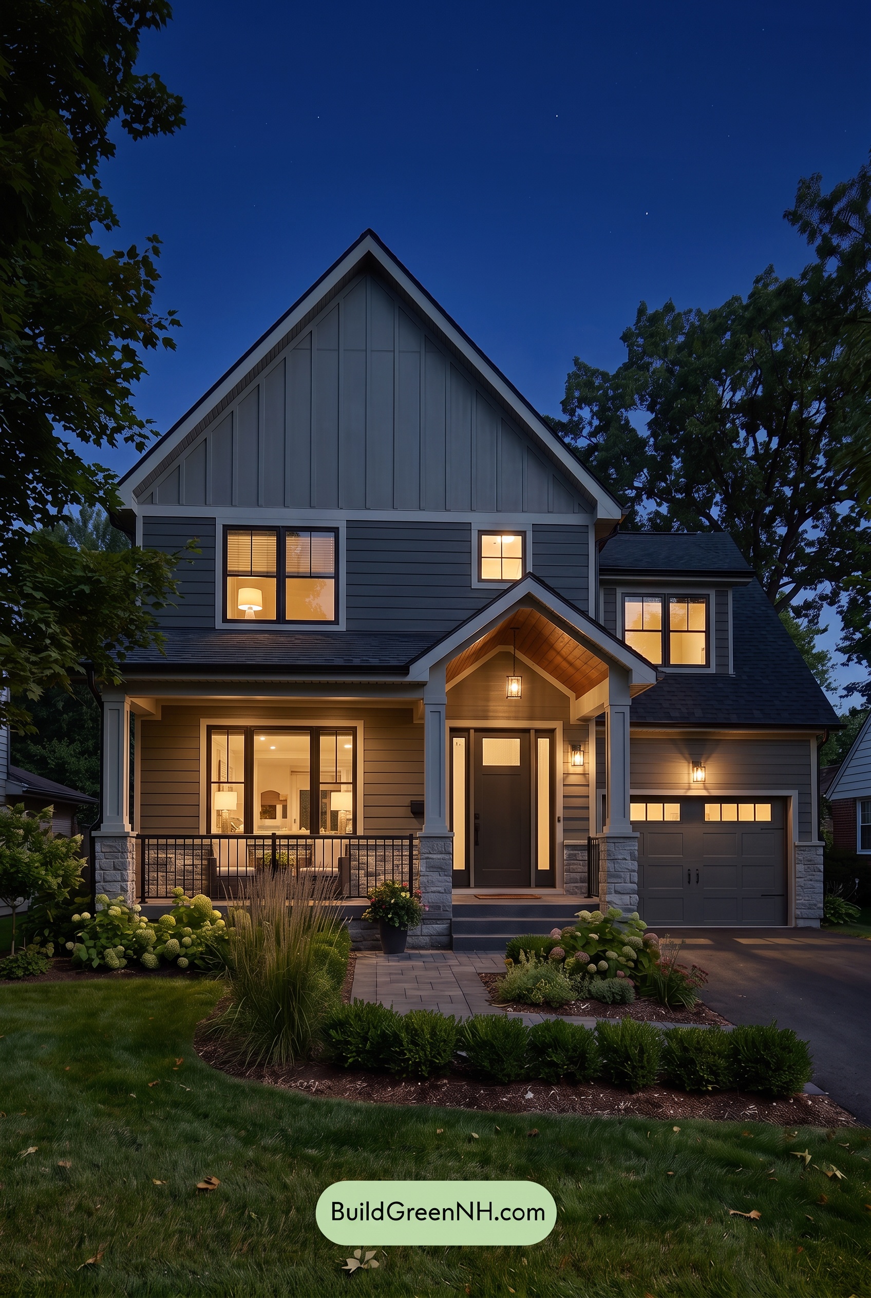 Dark Charcoal House Exterior Color Scheme: Cinder Veil - Nighttime