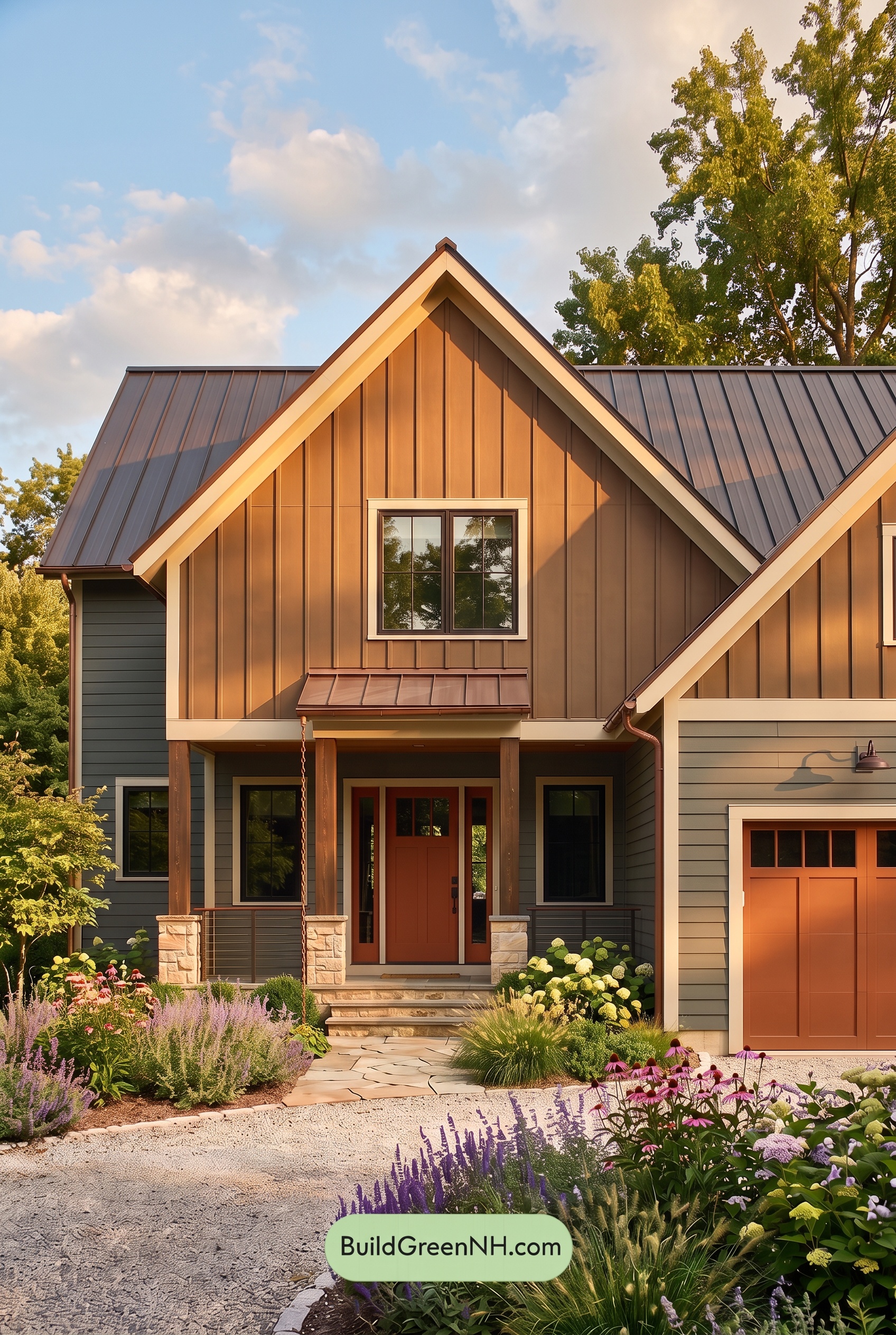 Dark Charcoal House Exterior Color Scheme: Copper Gable Quiet - Golden Hour
