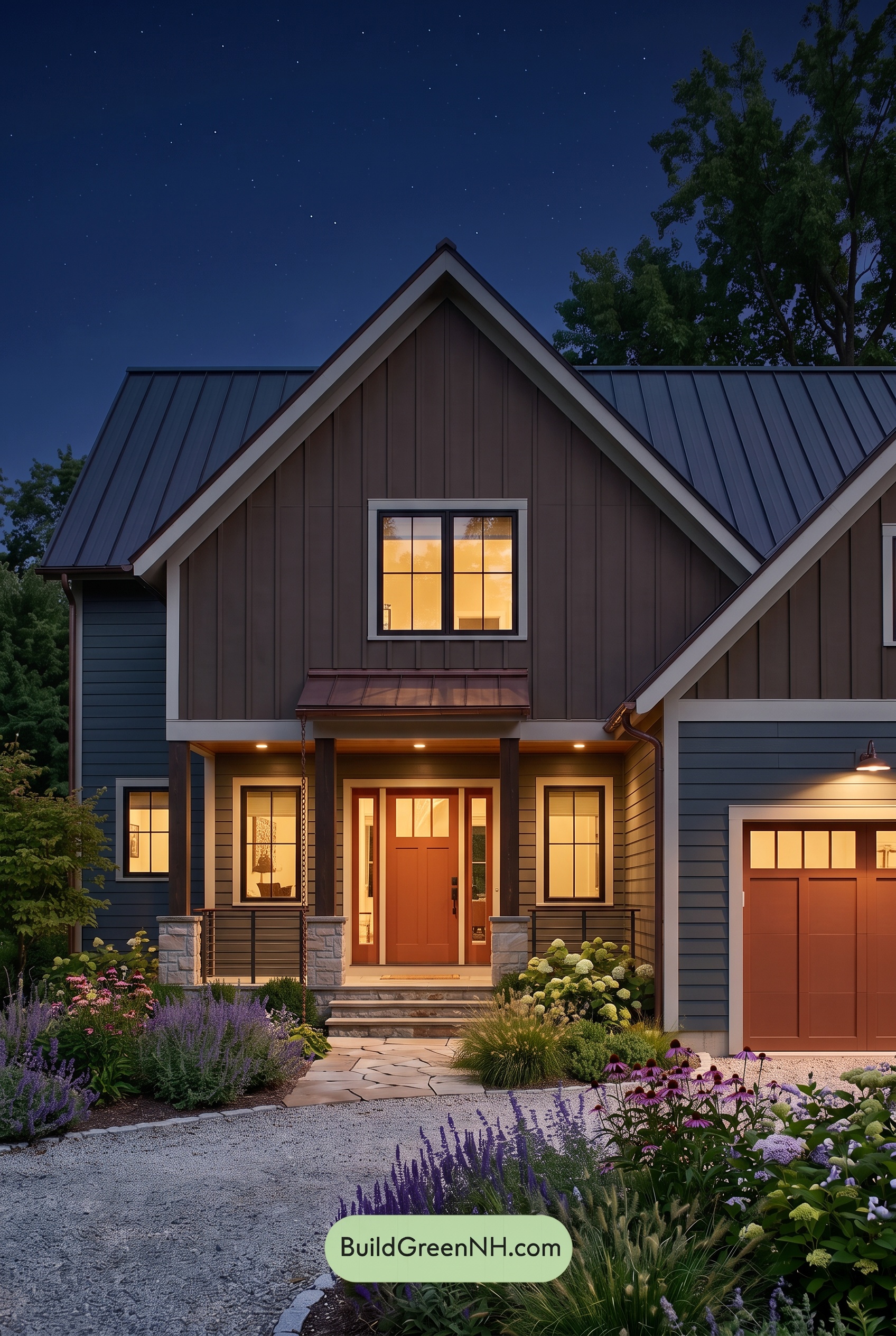 Dark Charcoal House Exterior Color Scheme: Copper Gable Quiet - Nighttime