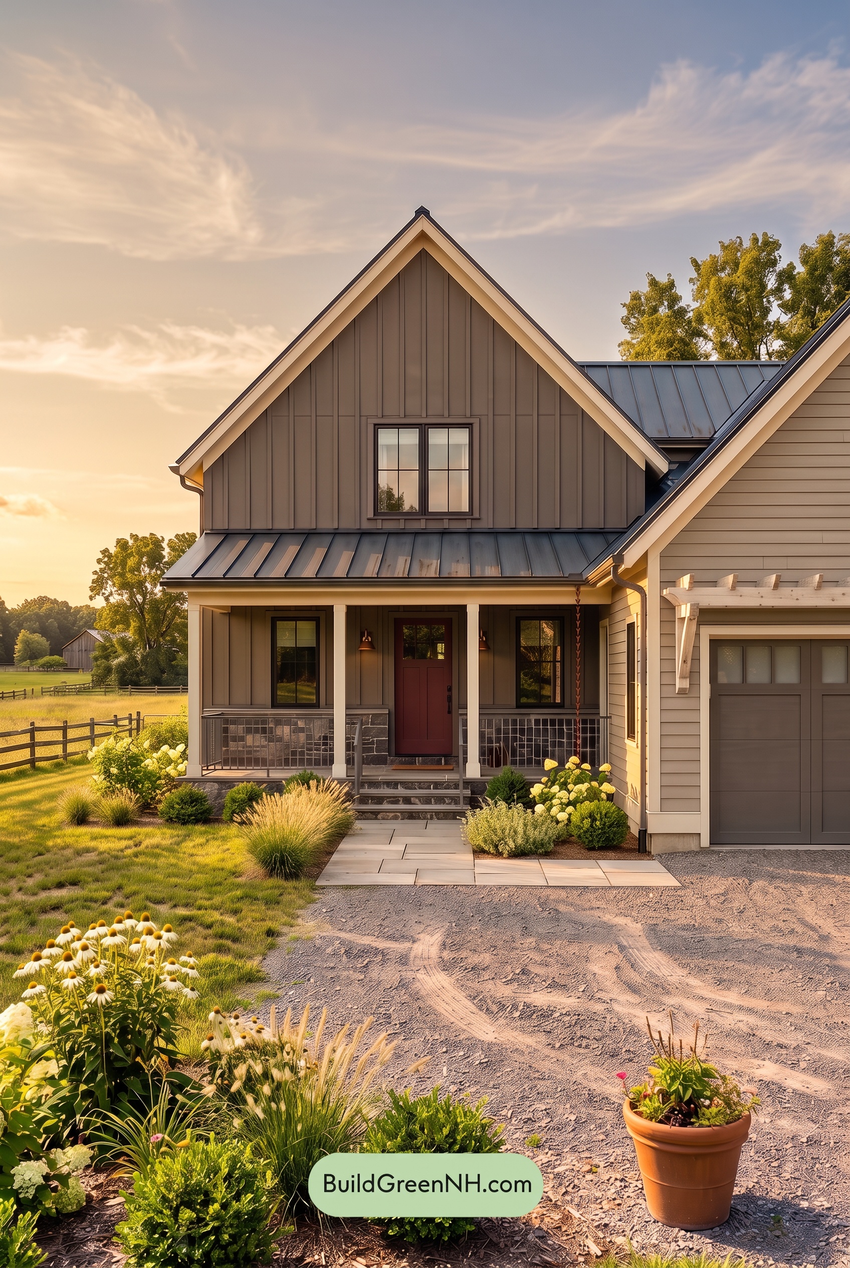 Dark Charcoal House Exterior Color Scheme: Graphite Bloom - Golden Hour