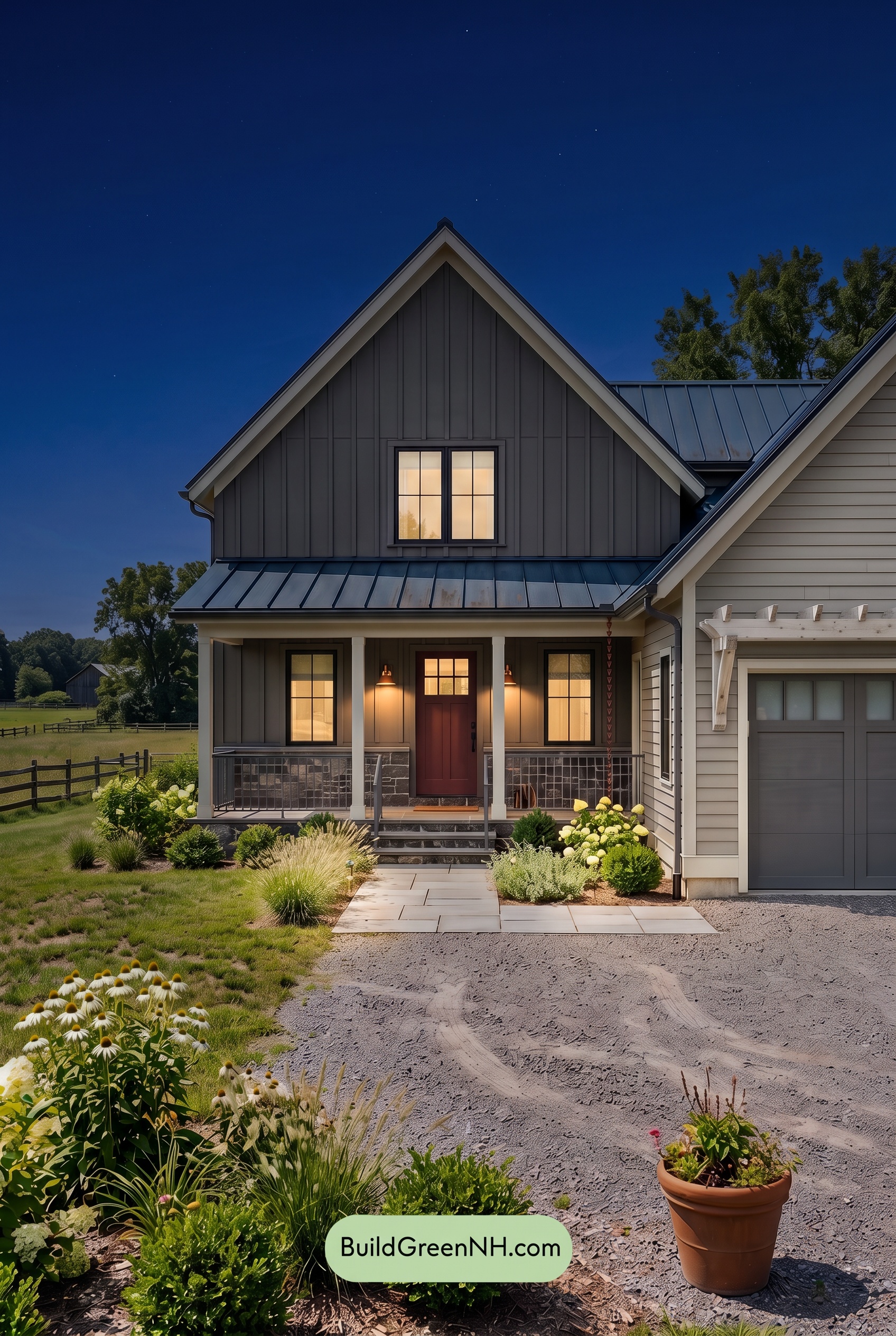 Dark Charcoal House Exterior Color Scheme: Graphite Bloom - Nighttime