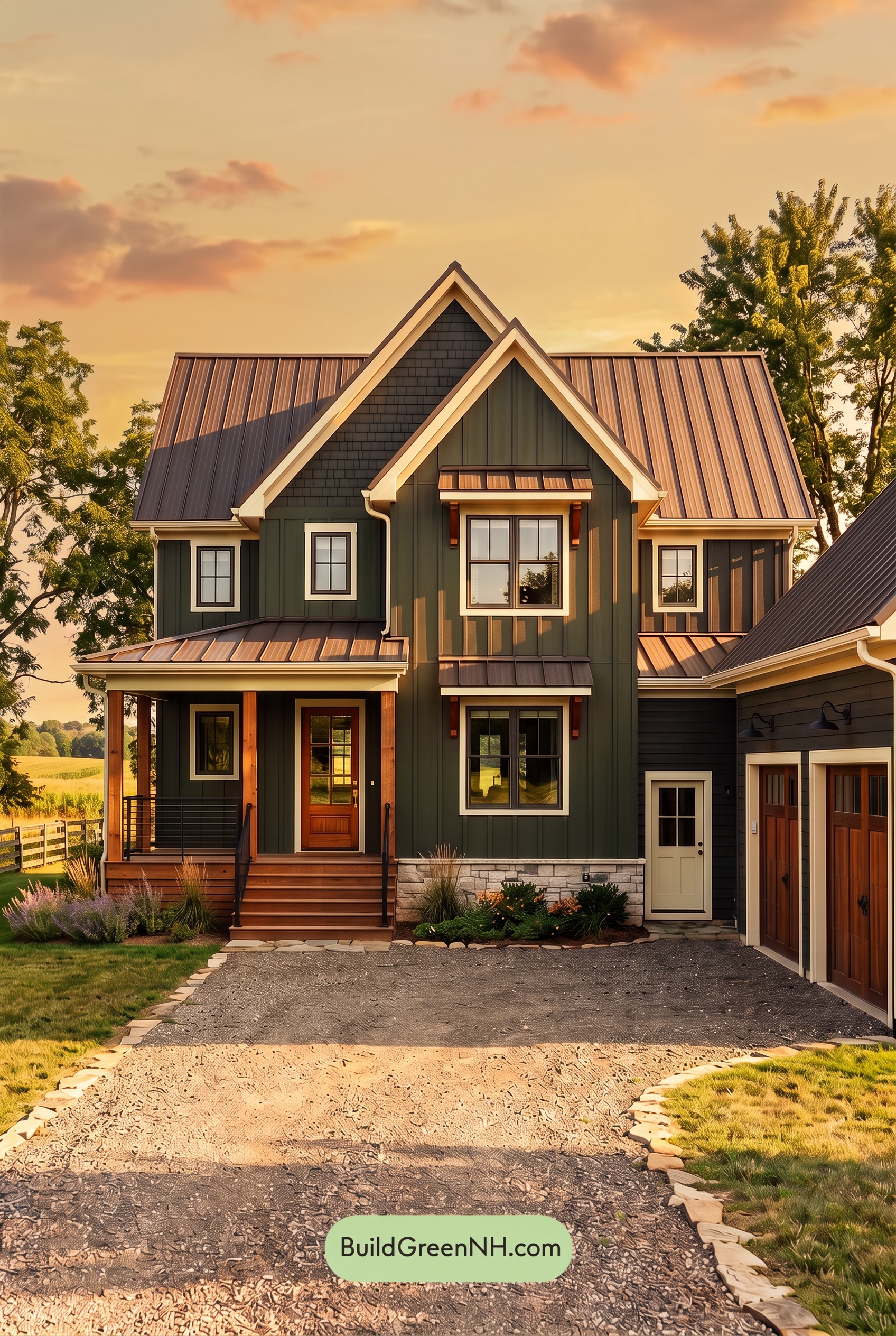 Dark Charcoal House Exterior Color Scheme: Green Ash Threshold - Golden Hour