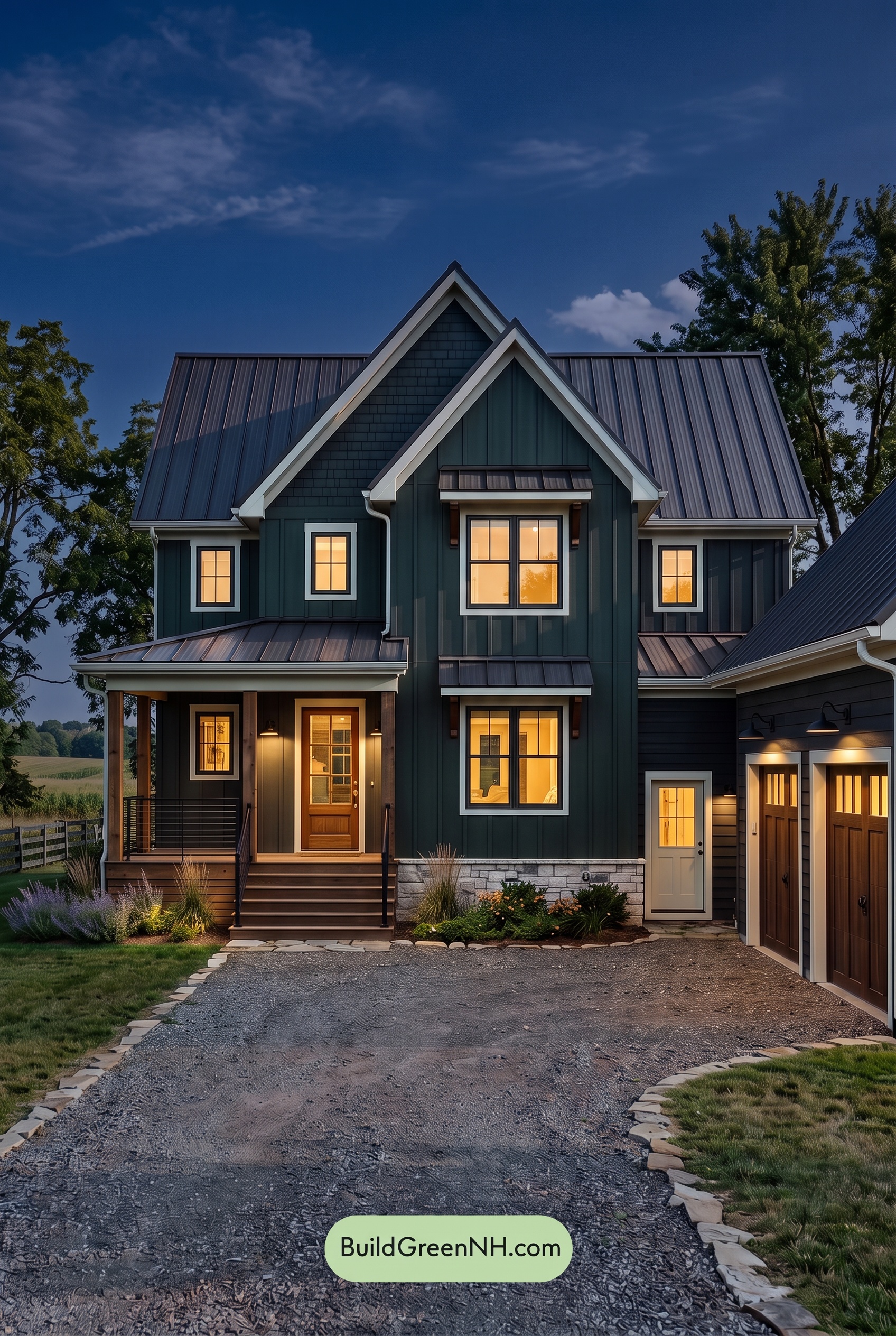 Dark Charcoal House Exterior Color Scheme: Green Ash Threshold - Nighttime