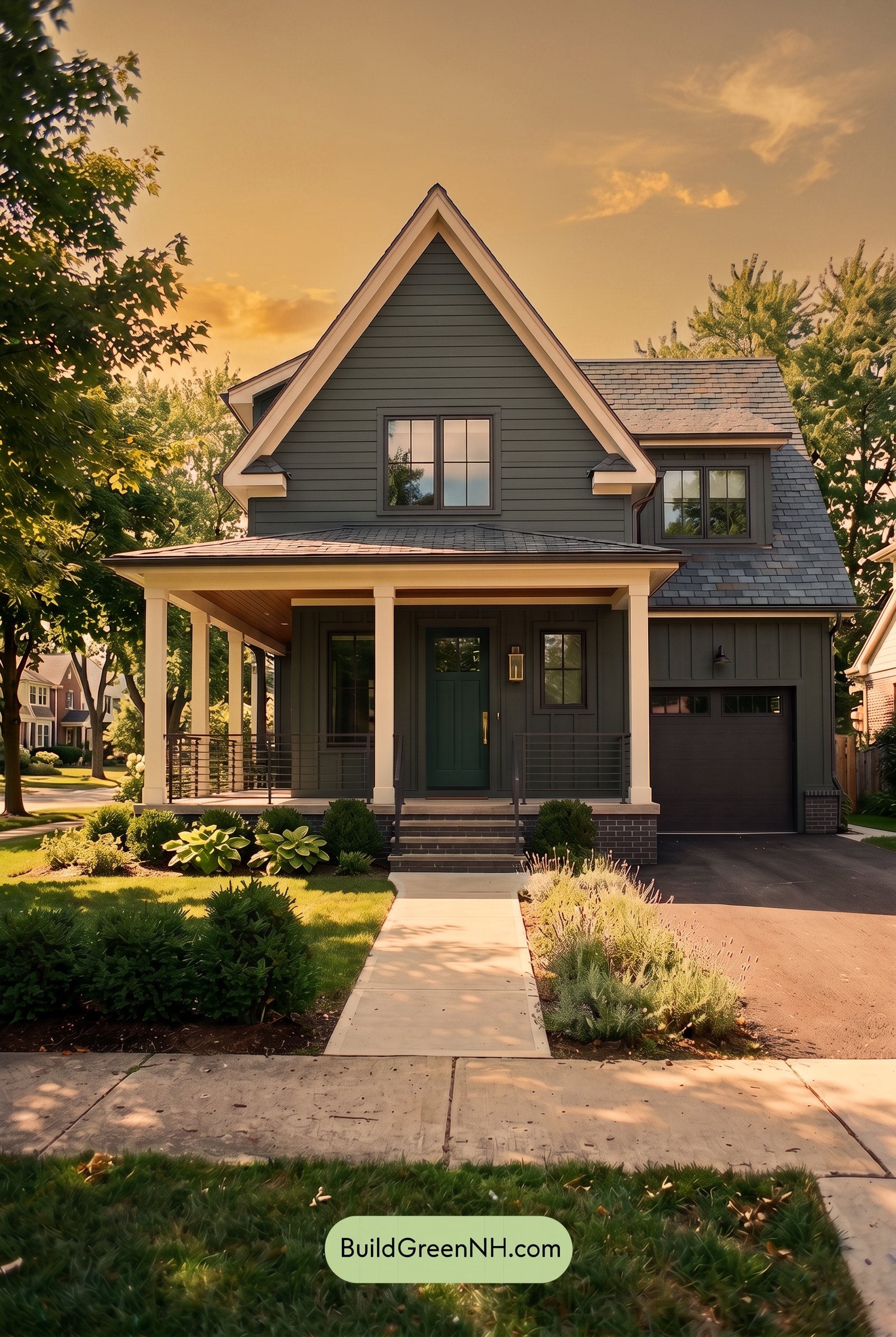 Dark Charcoal House Exterior Color Scheme: Indigo Brass - Golden Hour