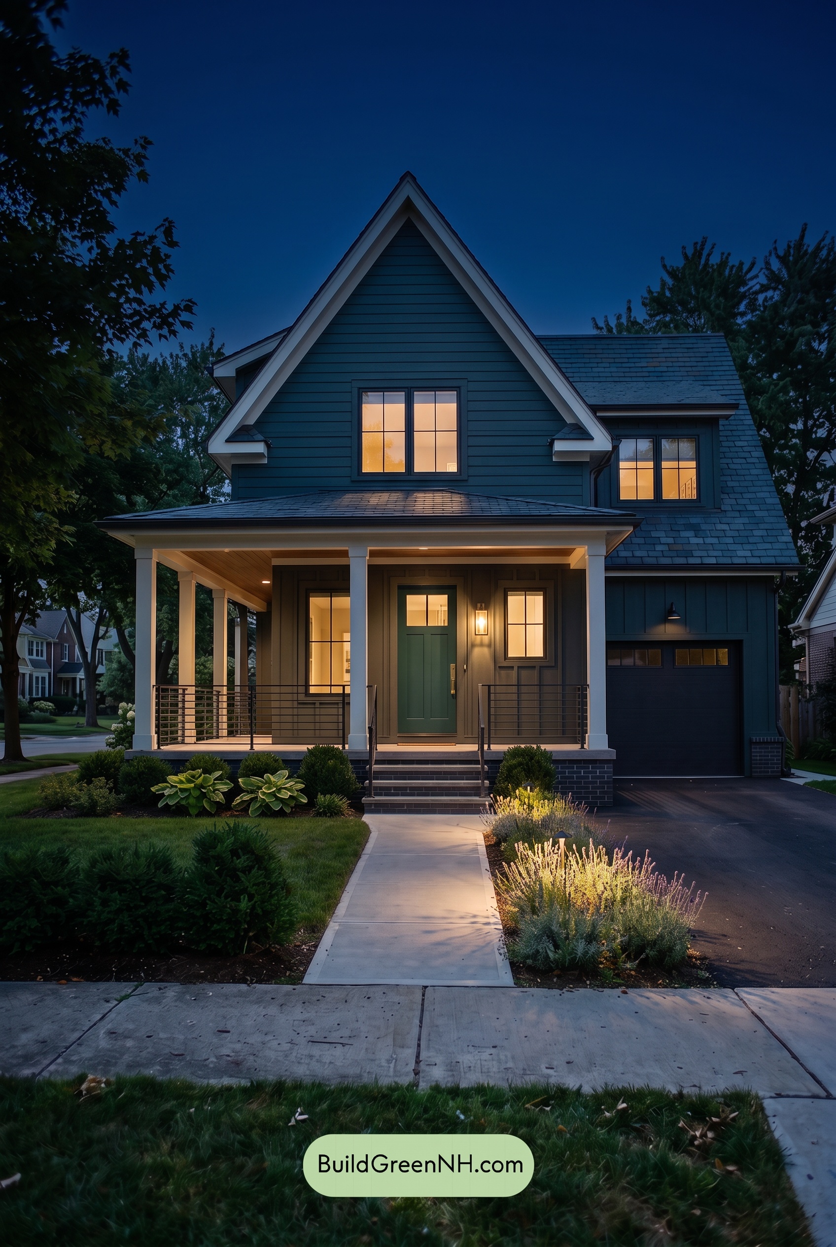 Dark Charcoal House Exterior Color Scheme: Indigo Brass - Nighttime
