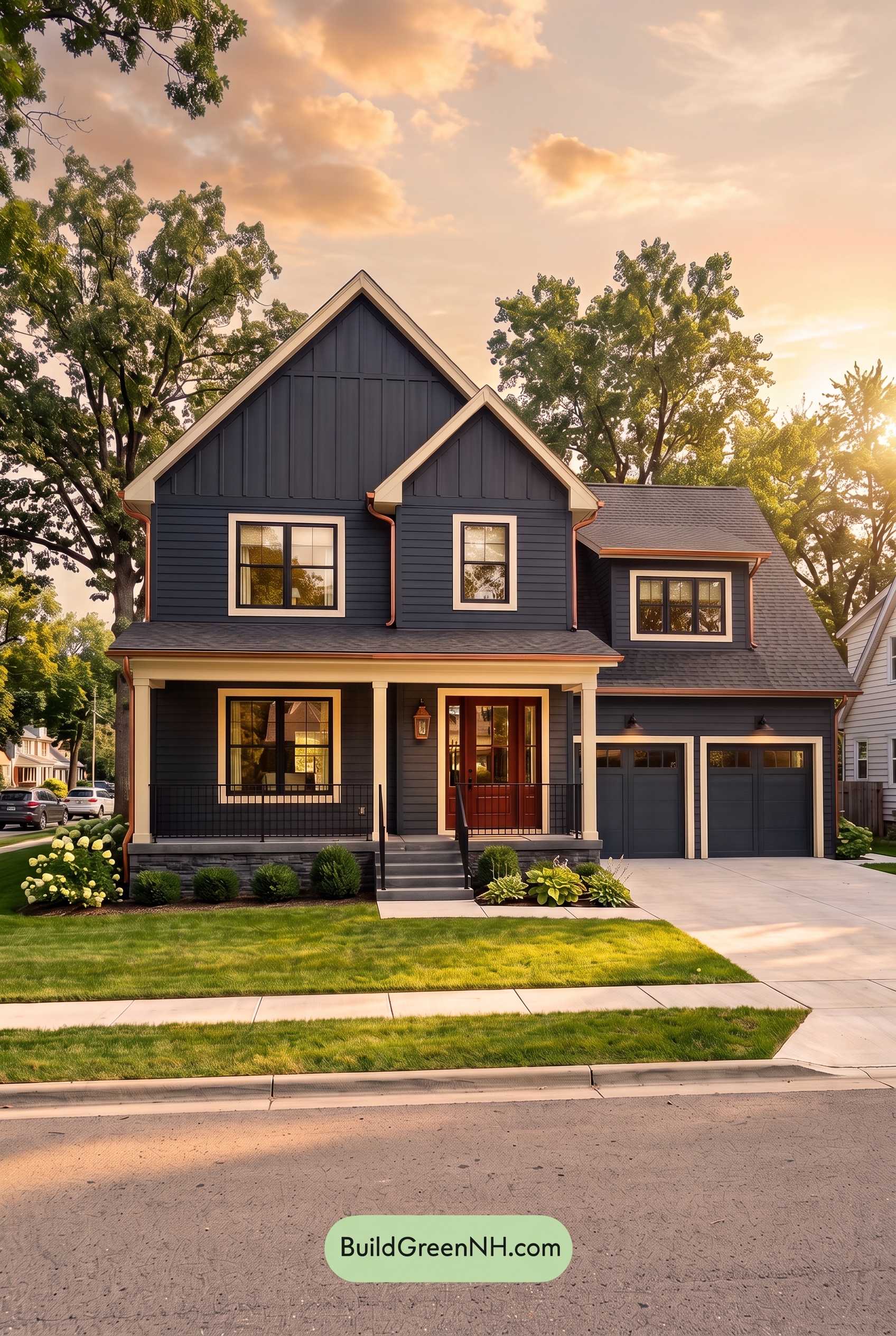 Dark Charcoal House Exterior Color Scheme: Midnight Copper - Golden Hour