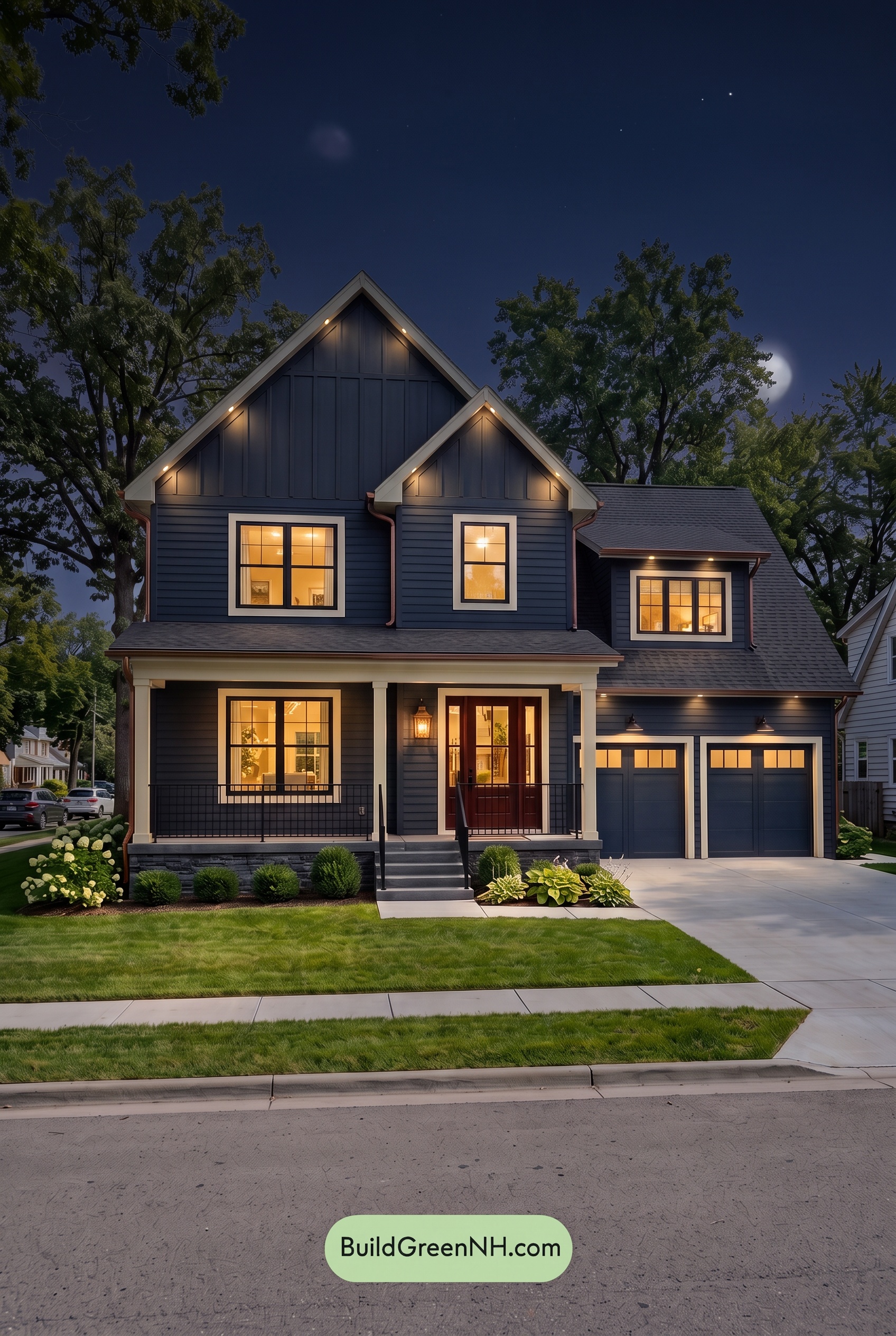 Dark Charcoal House Exterior Color Scheme: Midnight Copper - Nighttime