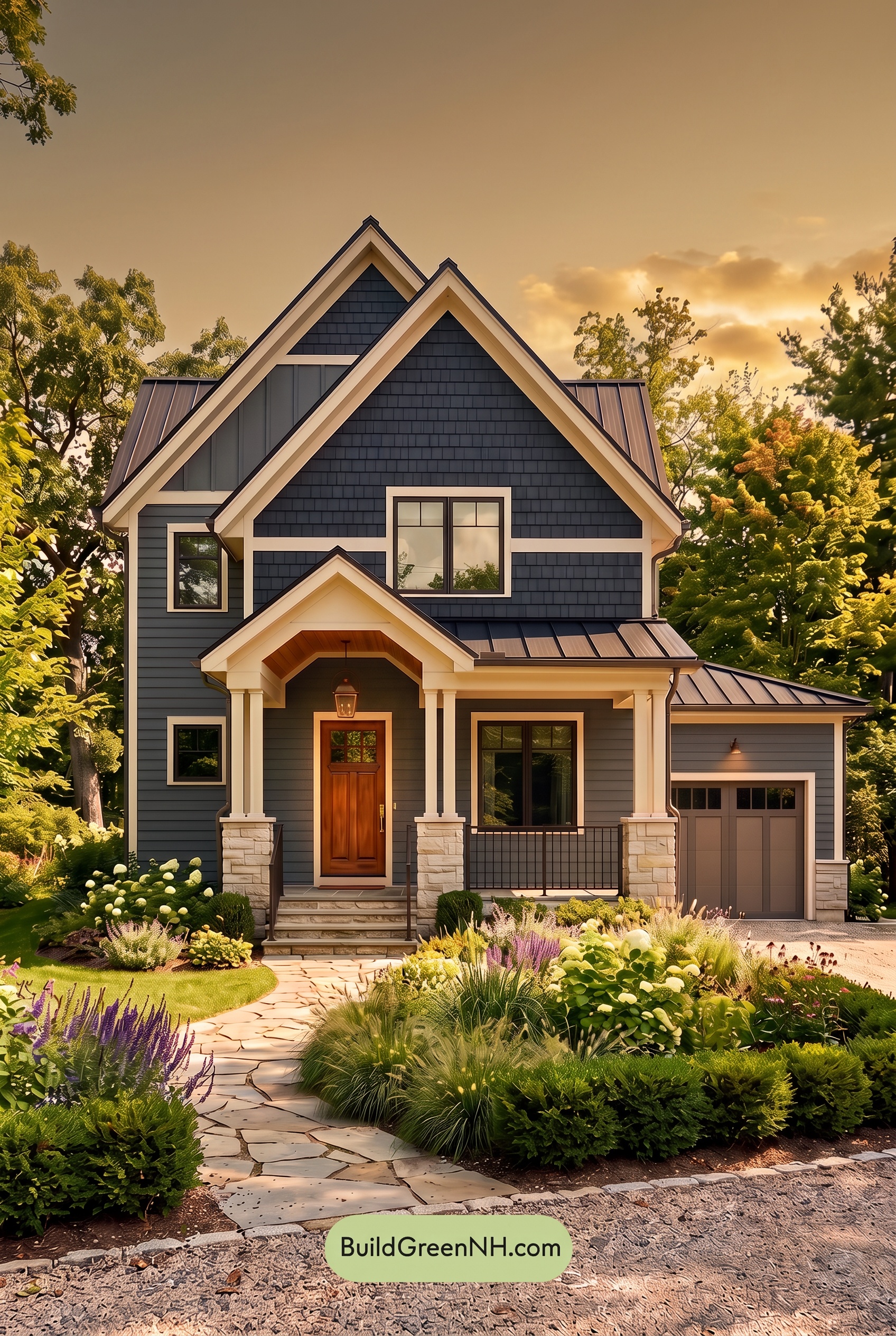 Dark Charcoal House Exterior Color Scheme: Navy Limestone - Golden Hour