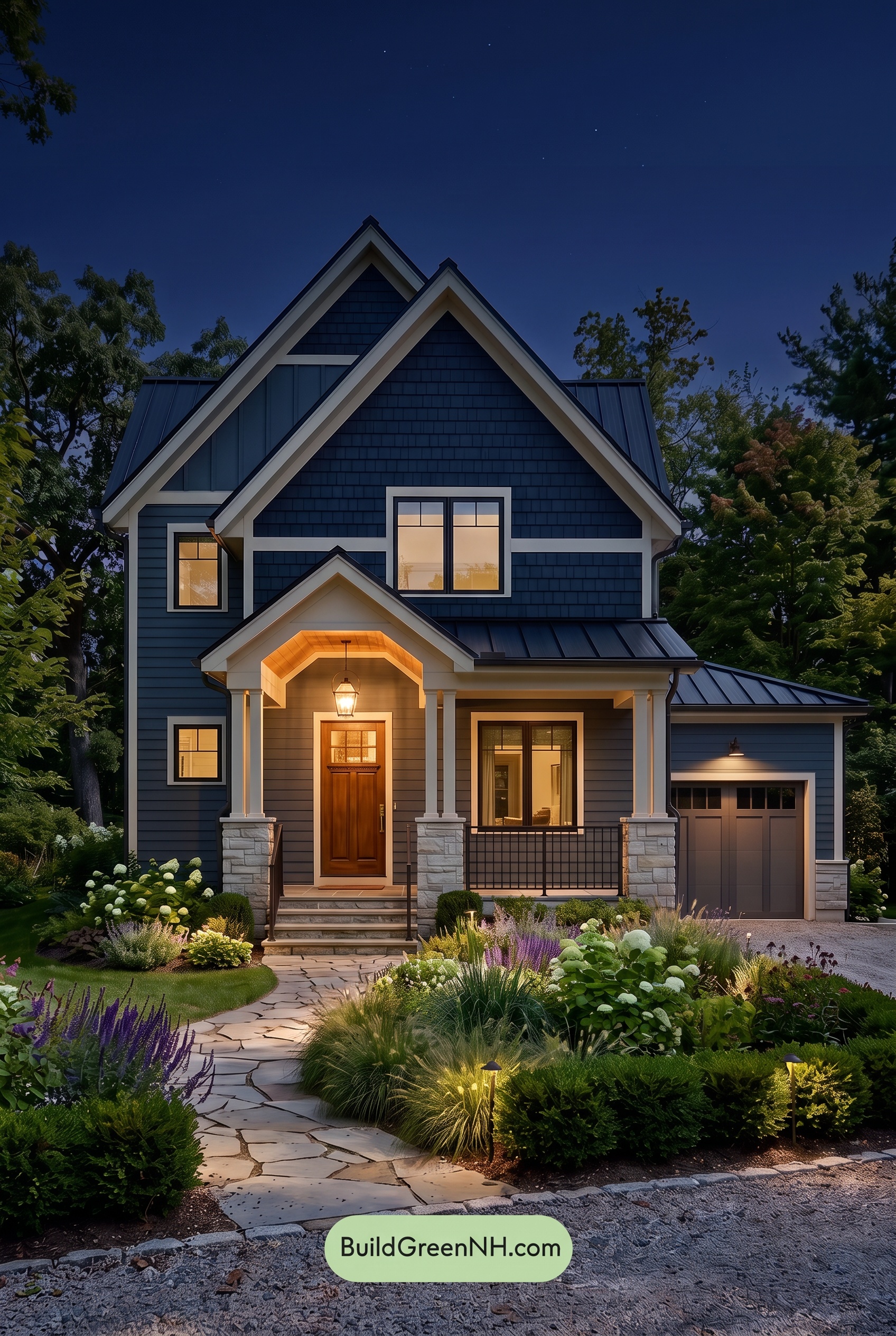 Dark Charcoal House Exterior Color Scheme: Navy Limestone - Nighttime