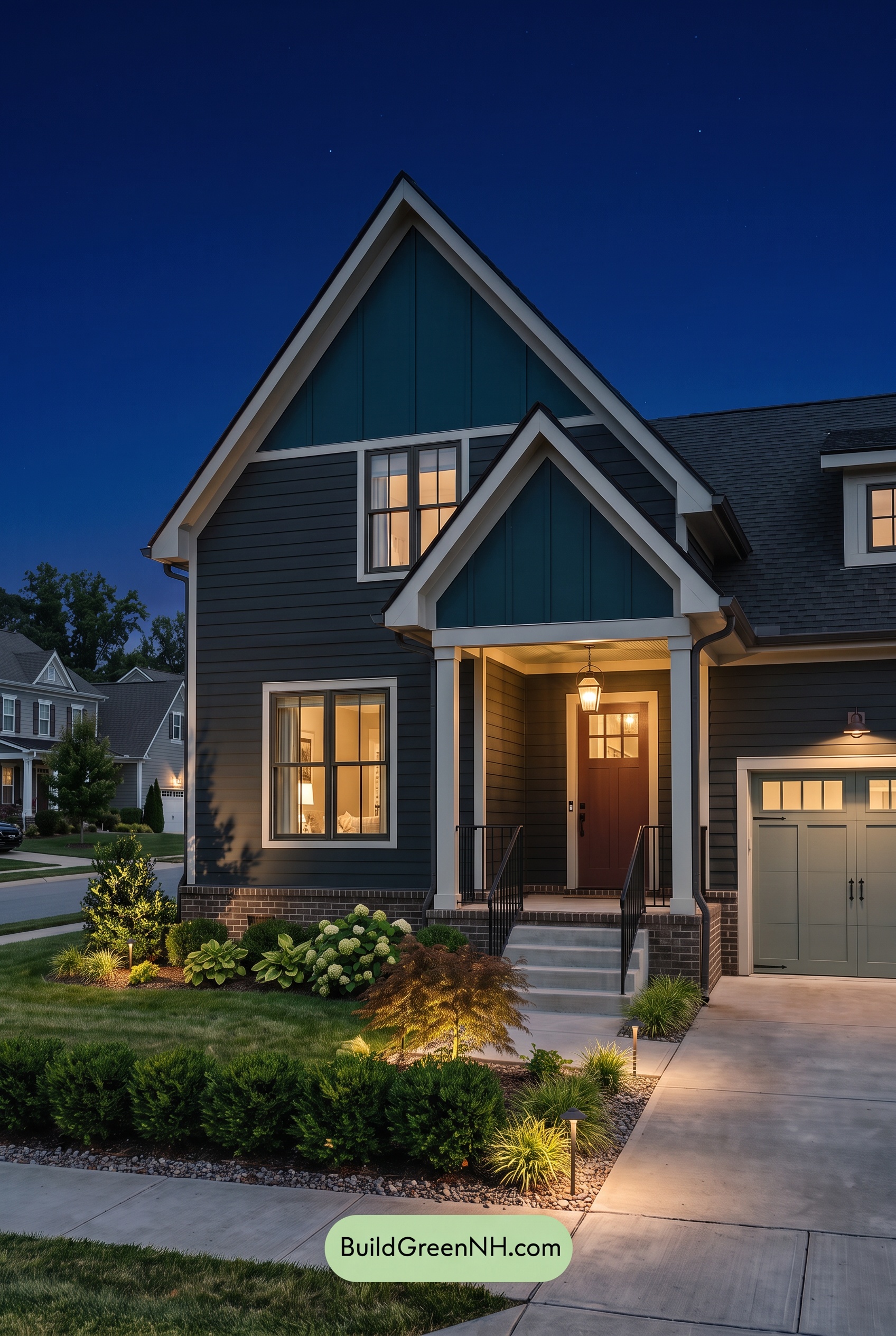 Dark Charcoal House Exterior Color Scheme: Pine Shadow Welcome - Nighttime