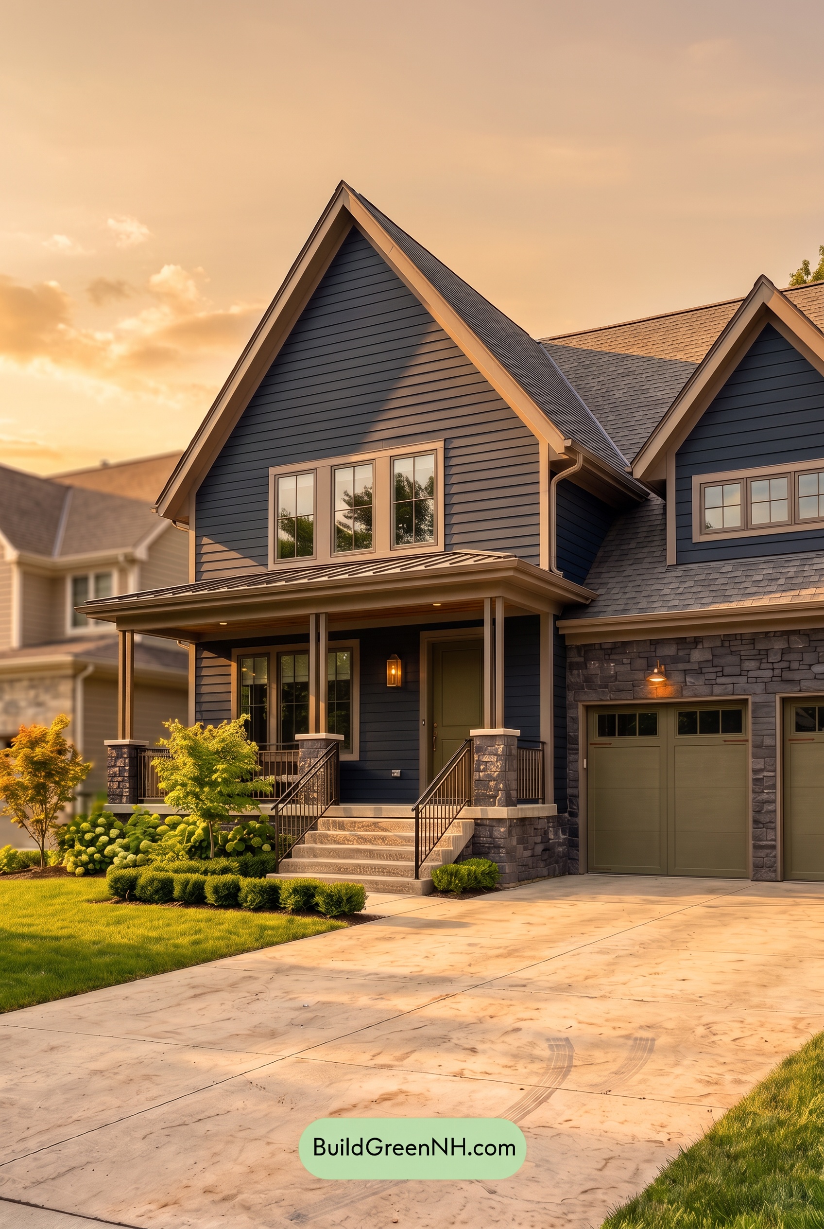 Dark Charcoal House Exterior Color Scheme: Sable Brass Haven - Golden Hour