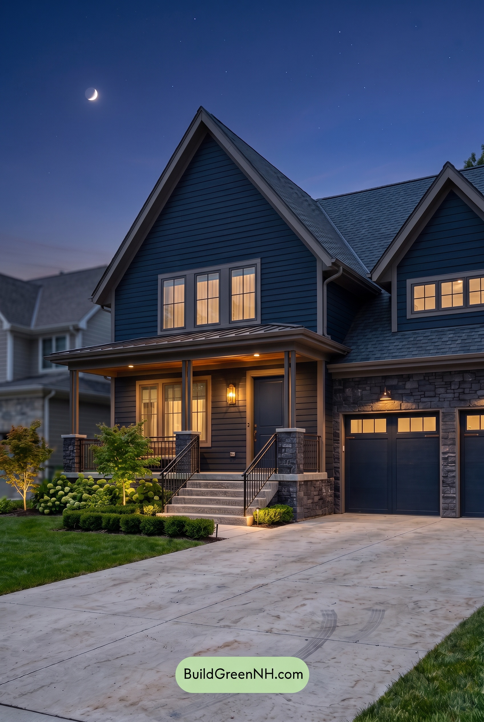 Dark Charcoal House Exterior Color Scheme: Sable Brass Haven - Nighttime