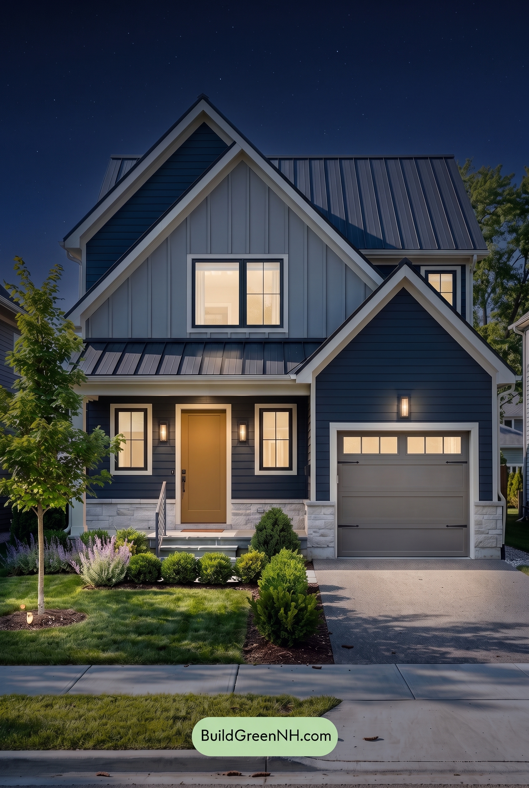 Dark Charcoal House Exterior Color Scheme: Slate Hearth - Nighttime