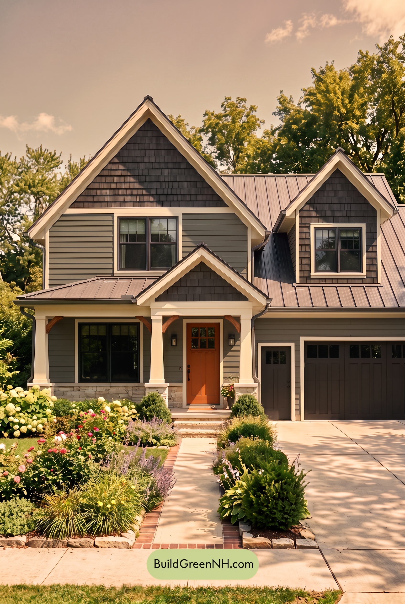 Dark Charcoal House Exterior Color Scheme: Verdant Coal Manor - Golden Hour