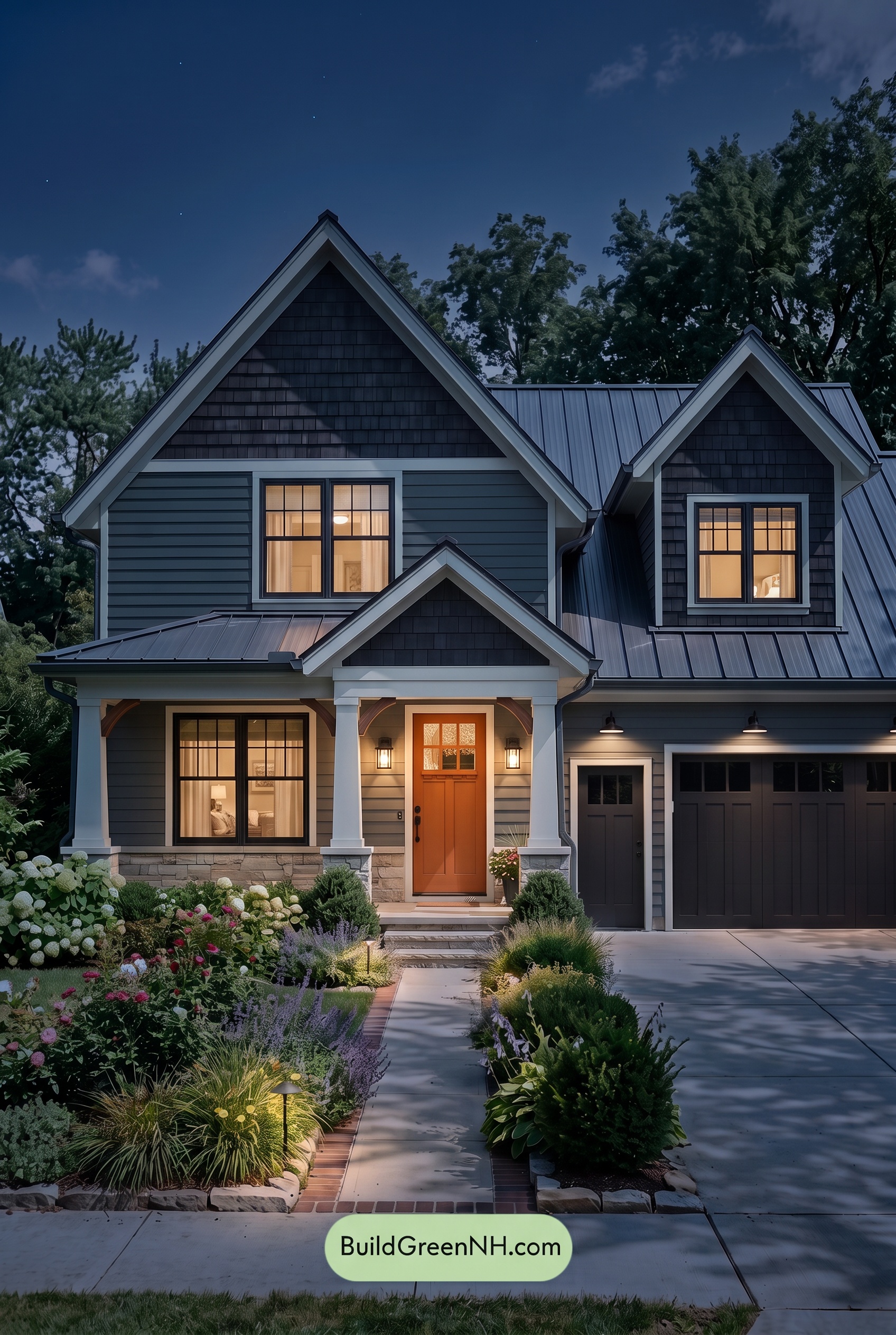 Dark Charcoal House Exterior Color Scheme: Verdant Coal Manor - Nighttime