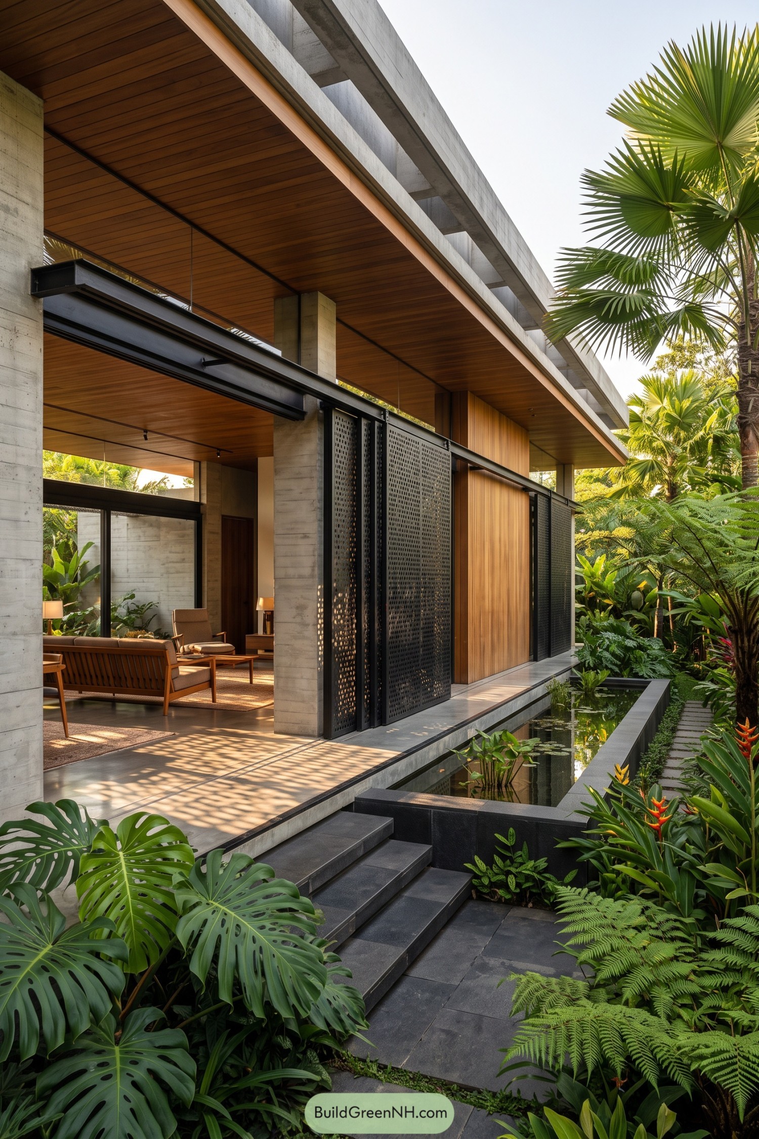 Concrete and timber house with sliding perforated screens beside a tropical water garden