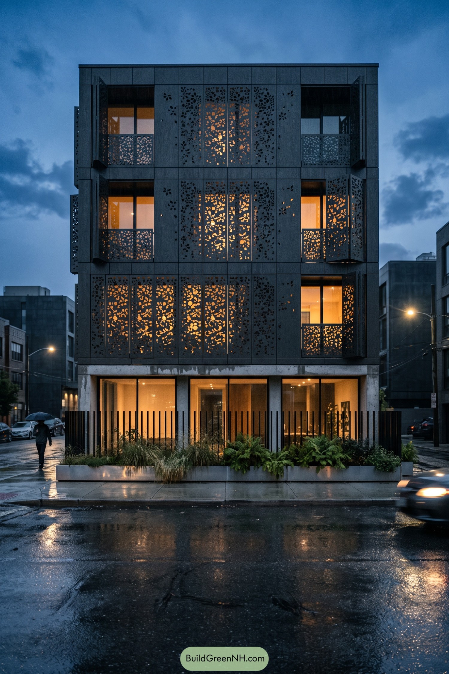 Dark cladding with glowing pebble-cut screens and balconies