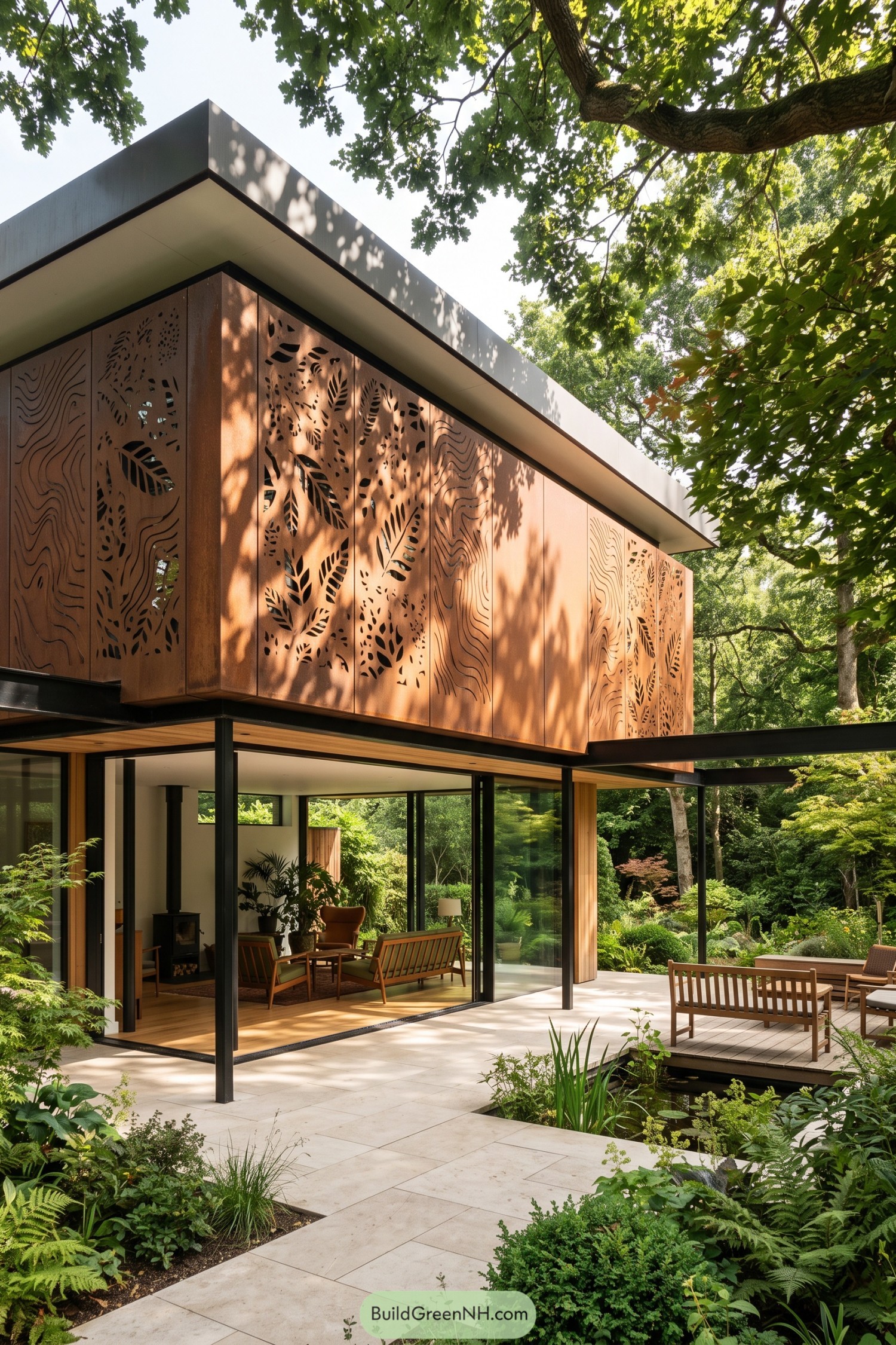 Modern woodland home with perforated copper facade panels