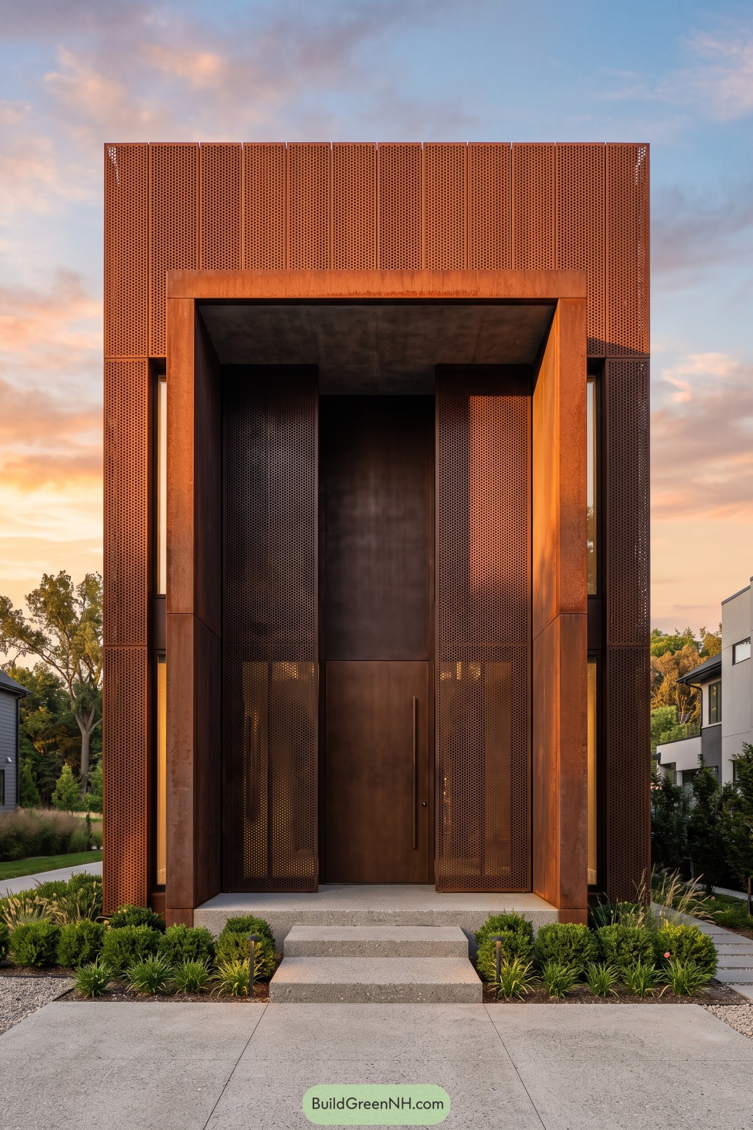 Tall rust-toned perforated metal facade framing a recessed front door