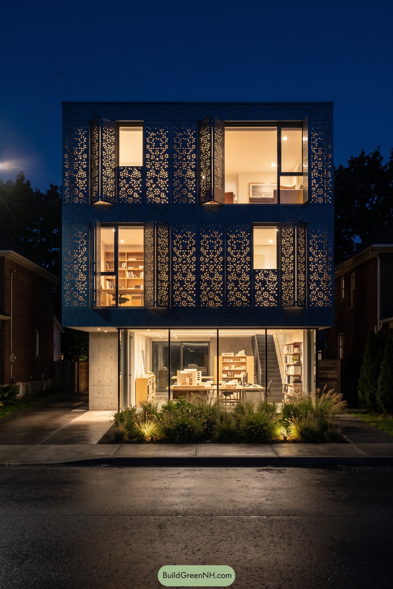 Three-storey home with glowing perforated shutters and open workspaces at dusk
