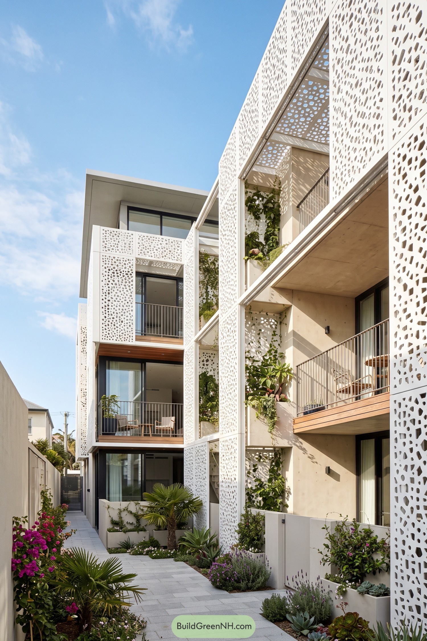 White perforated screens wrap planted balconies on a modern residence