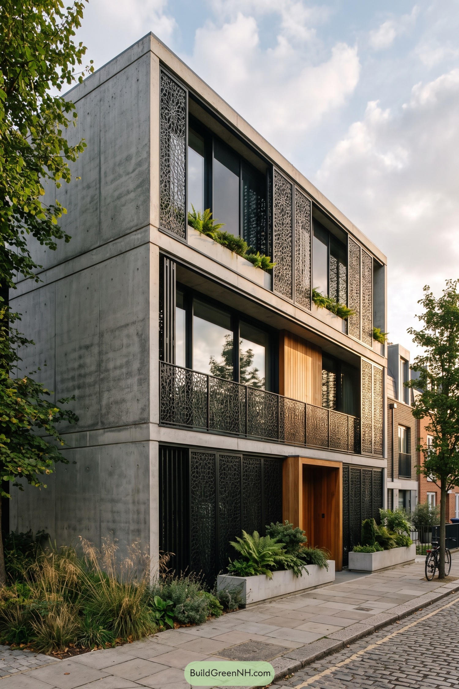 Concrete townhouse with intricate black metal screens and planted balconies