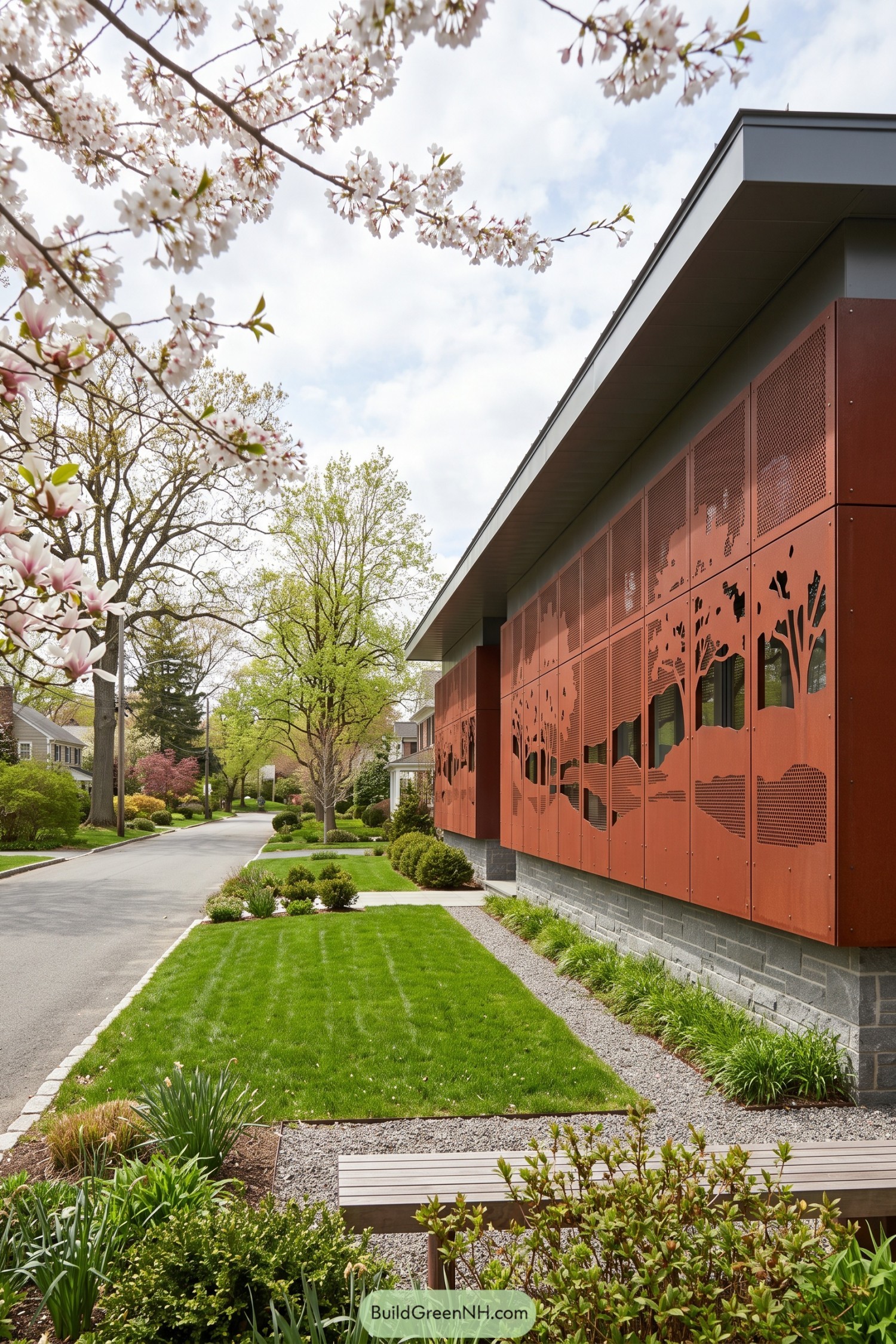 Rust-red perforated facade panels depict a forest scene
