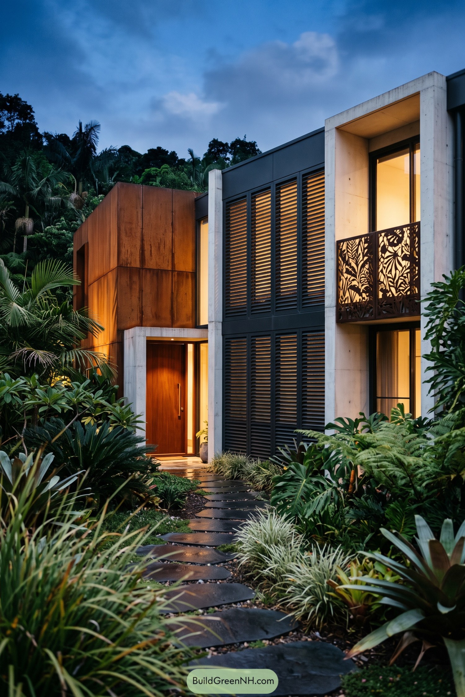 Modern tropical home with louvered screens and leaf-cut balcony panels