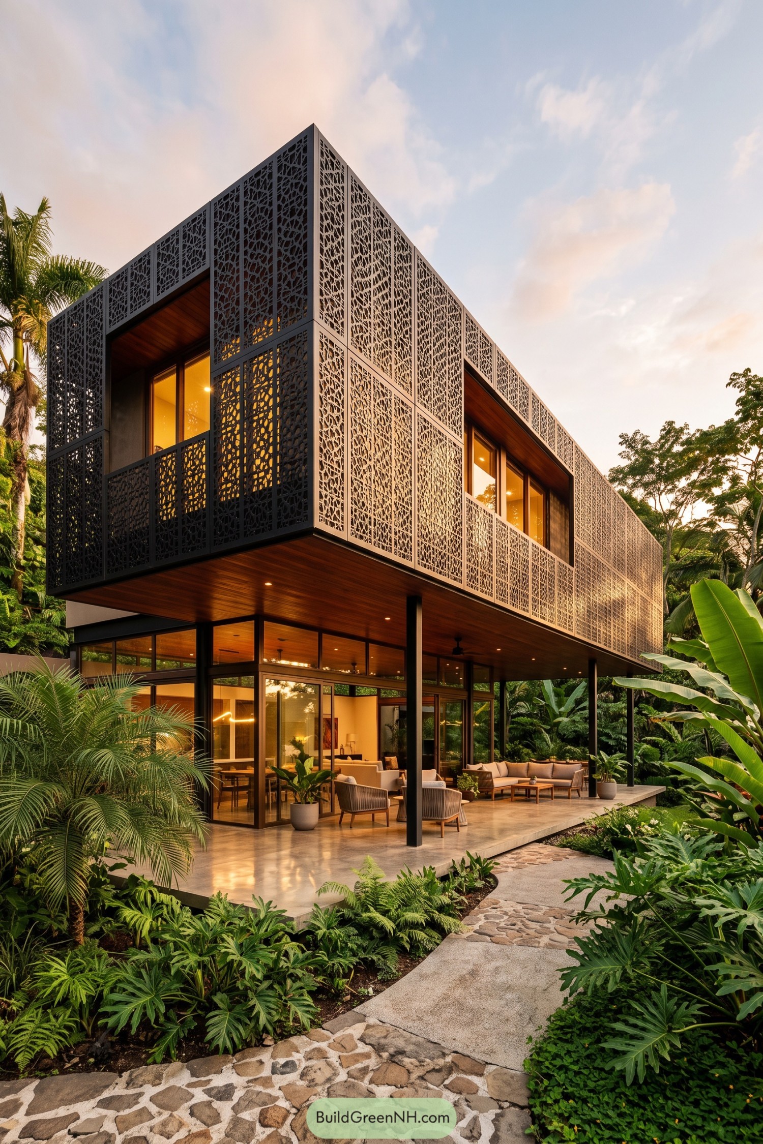 Modern tropical home with dark perforated panels and timber soffits