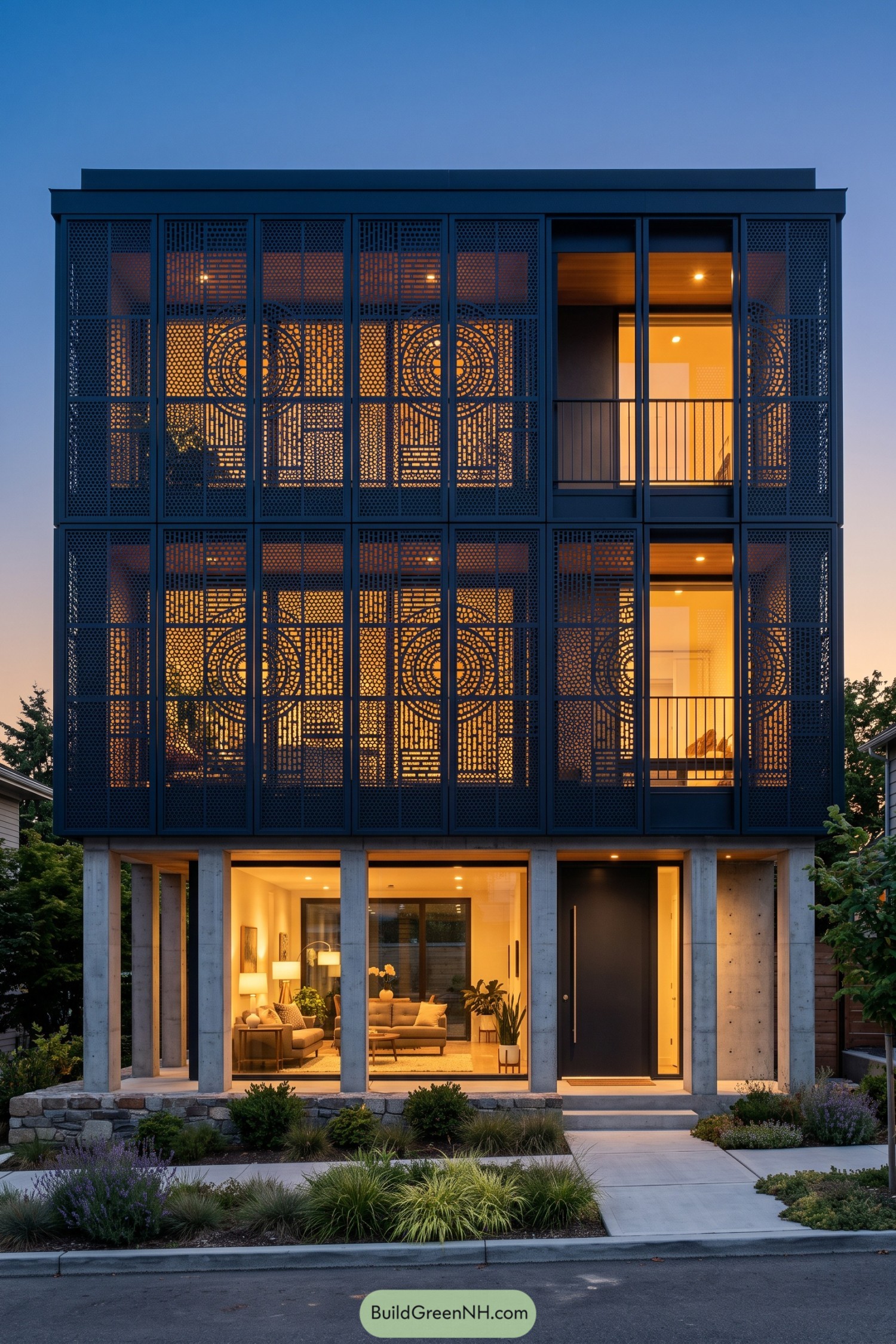 Three story townhouse with dark perforated metal facade panels