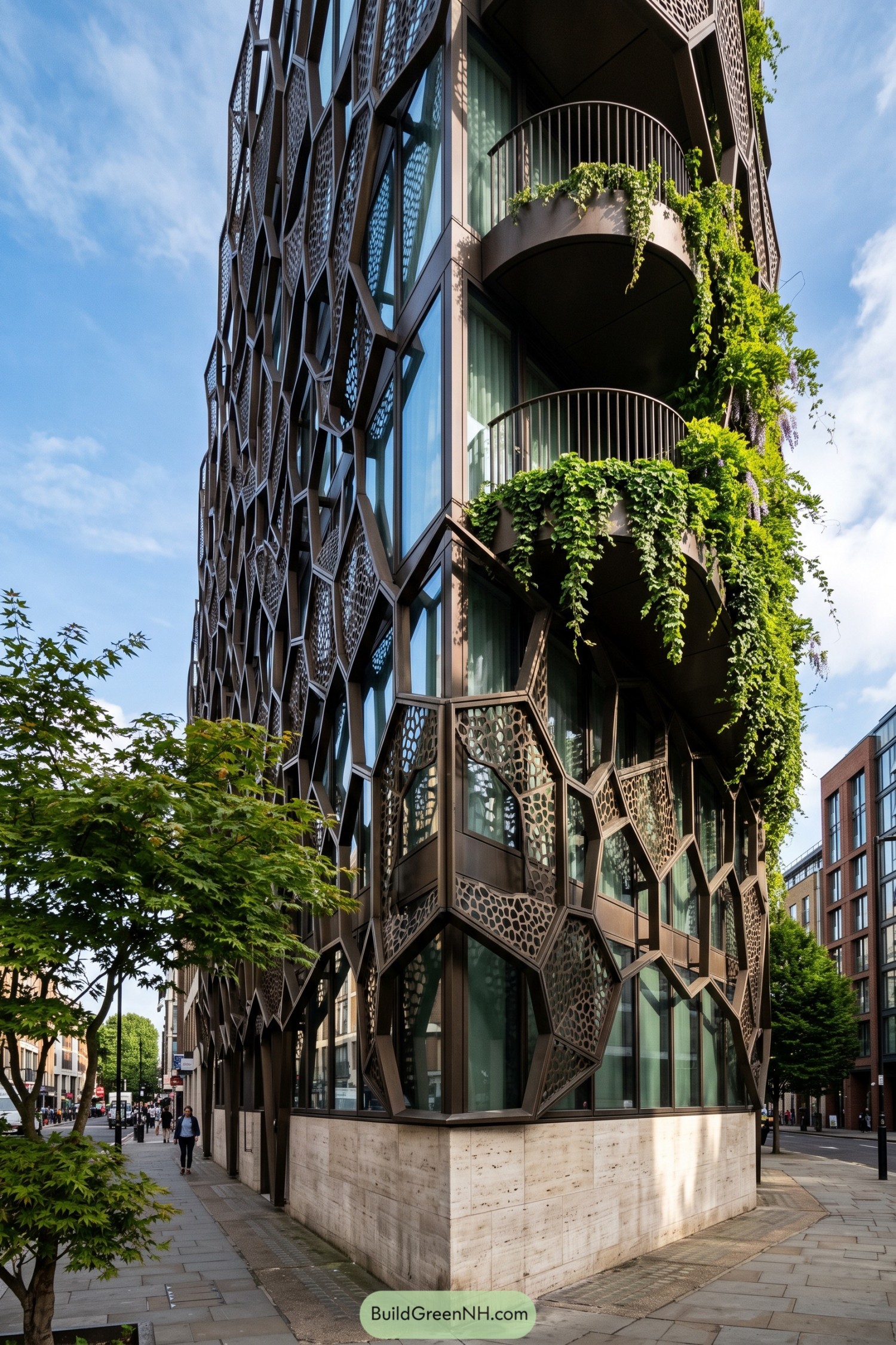 Dark perforated panels wrap the glazed residence beside planted curved balconies