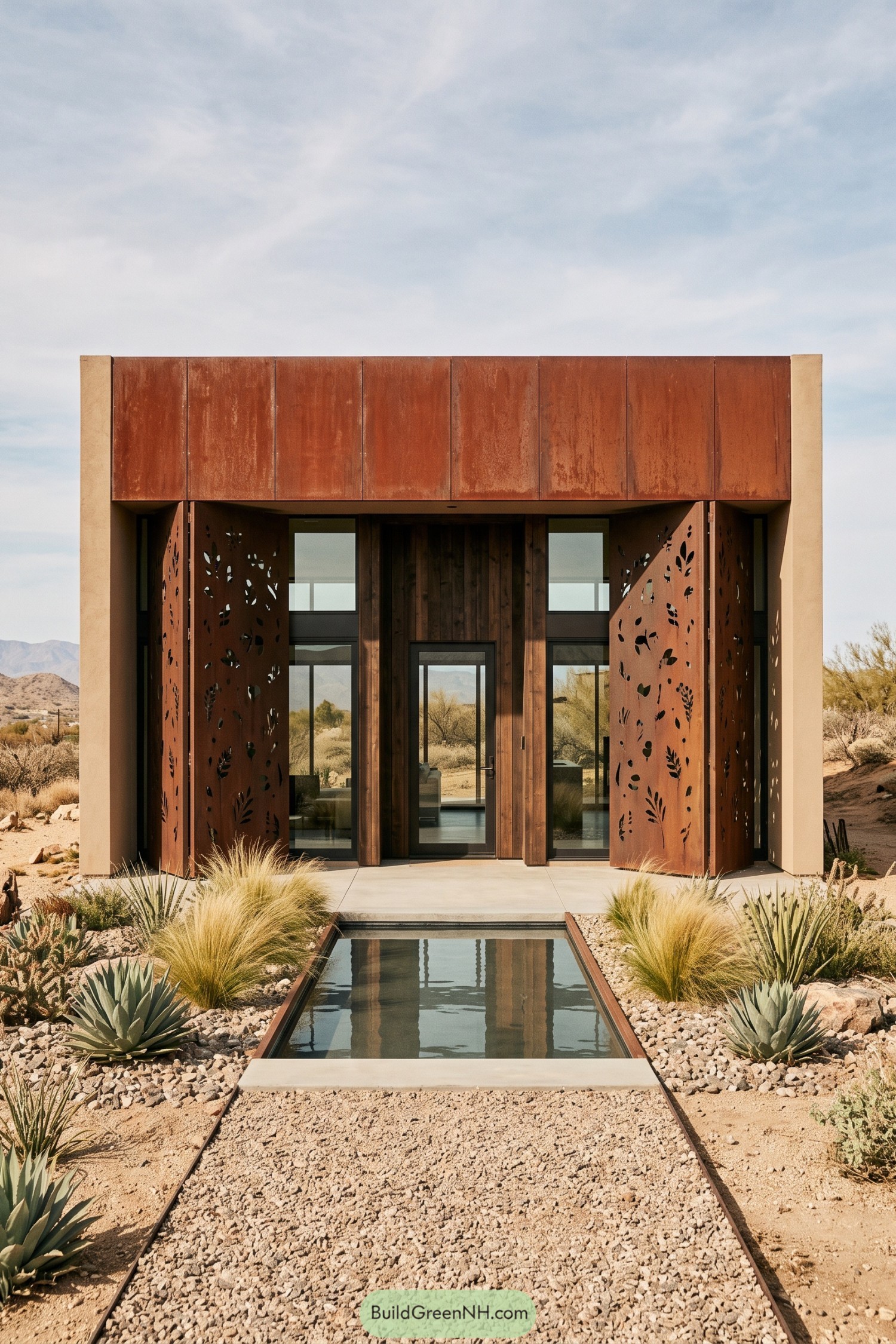 Rust steel screens frame a desert house entry