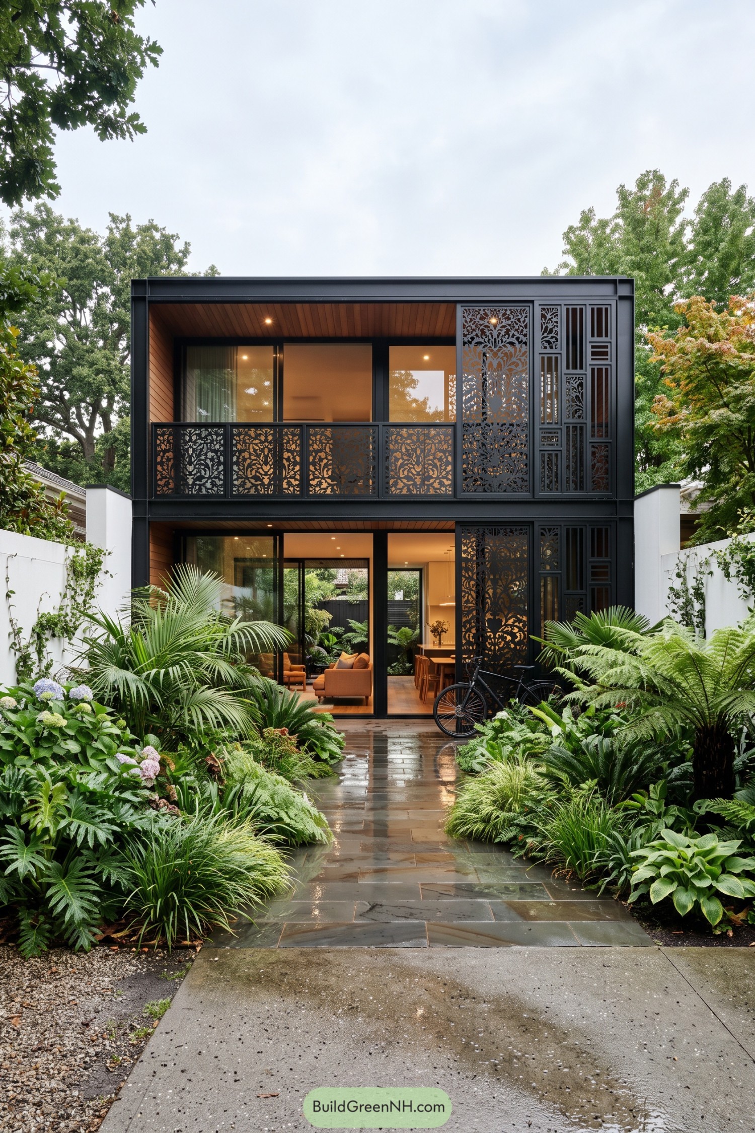 Black metal botanical screens frame a lush garden townhouse