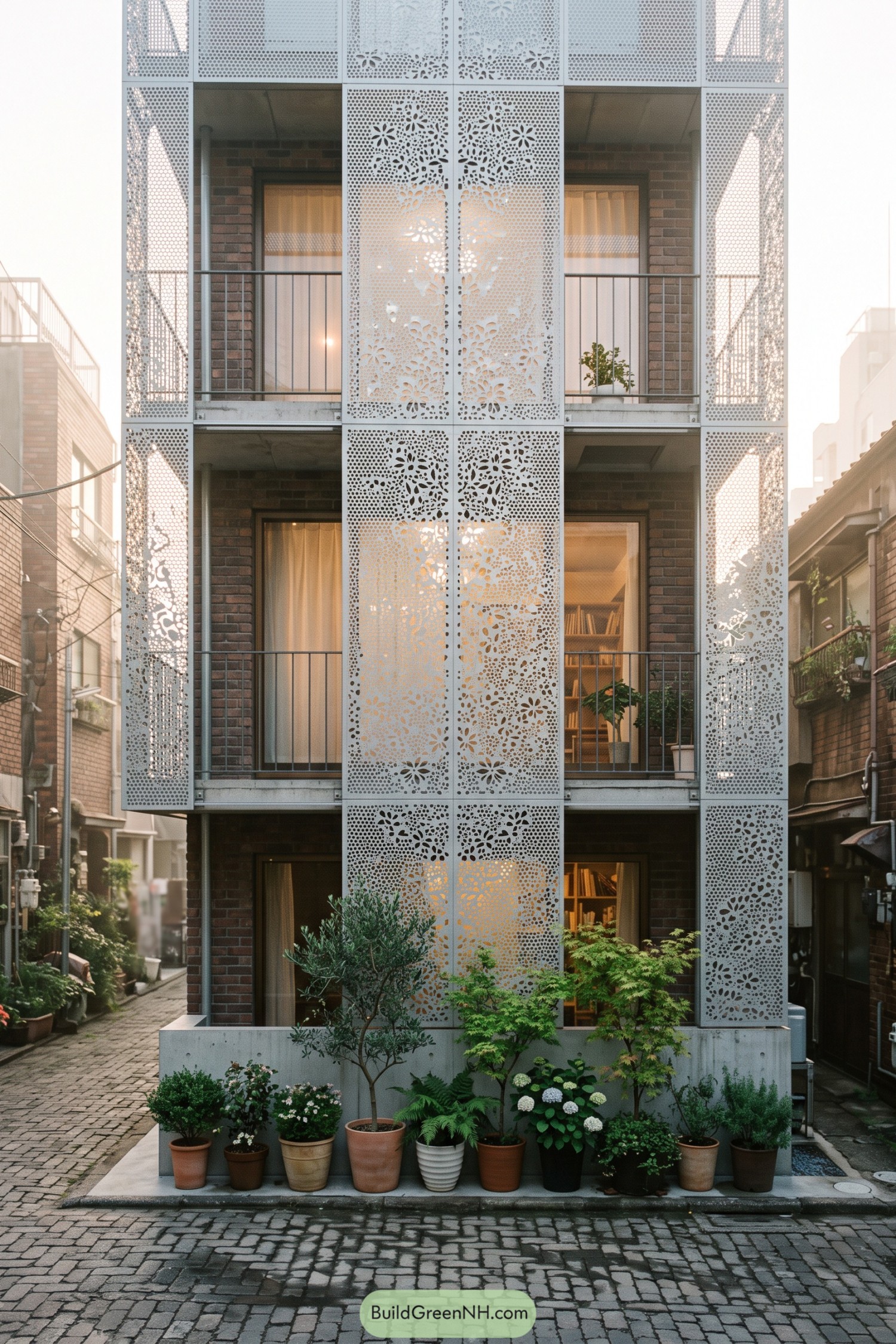 White floral perforated panels wrap a narrow brick townhouse