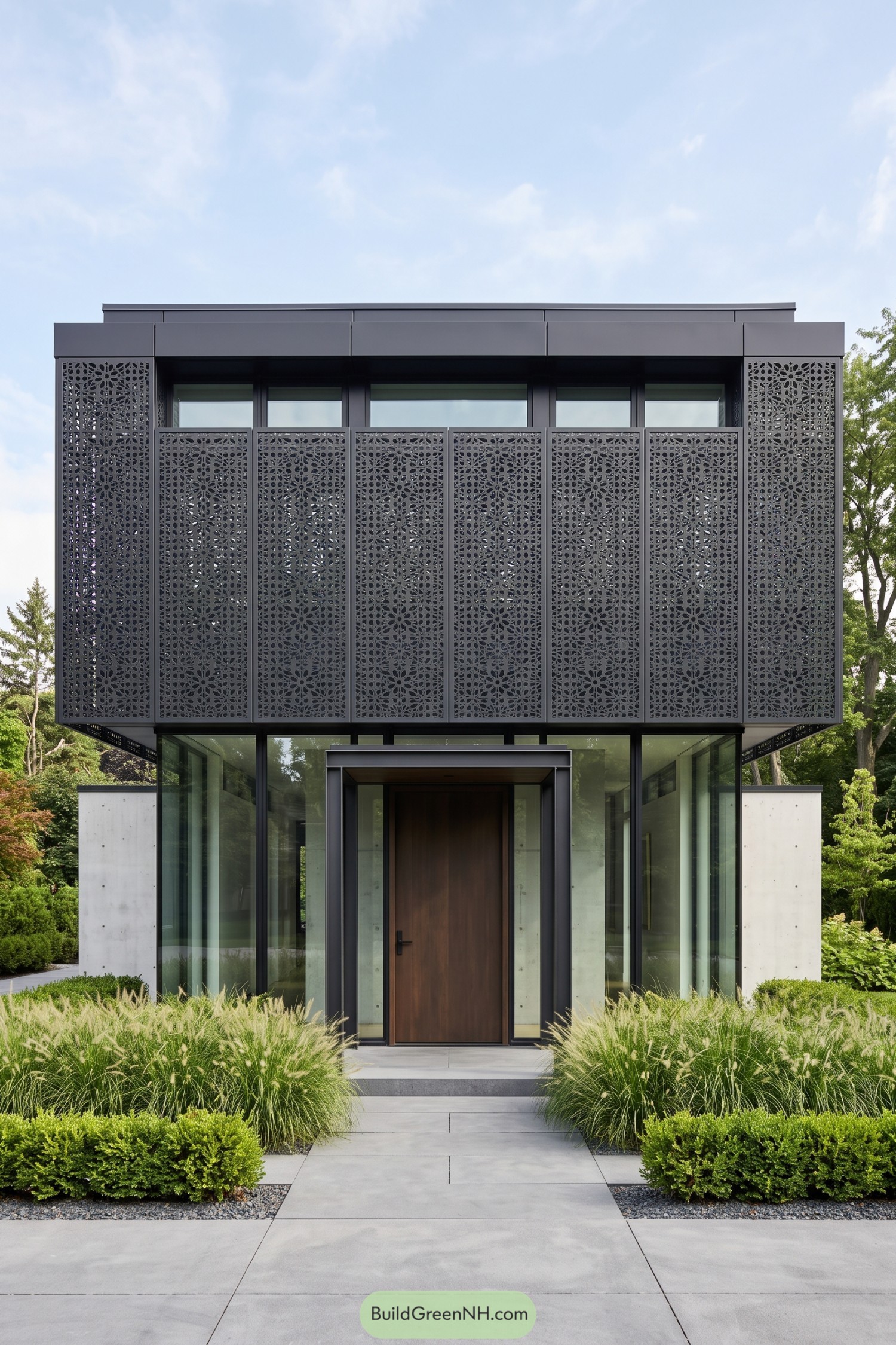 Dark metal rosette screens wrap a modern two story entry
