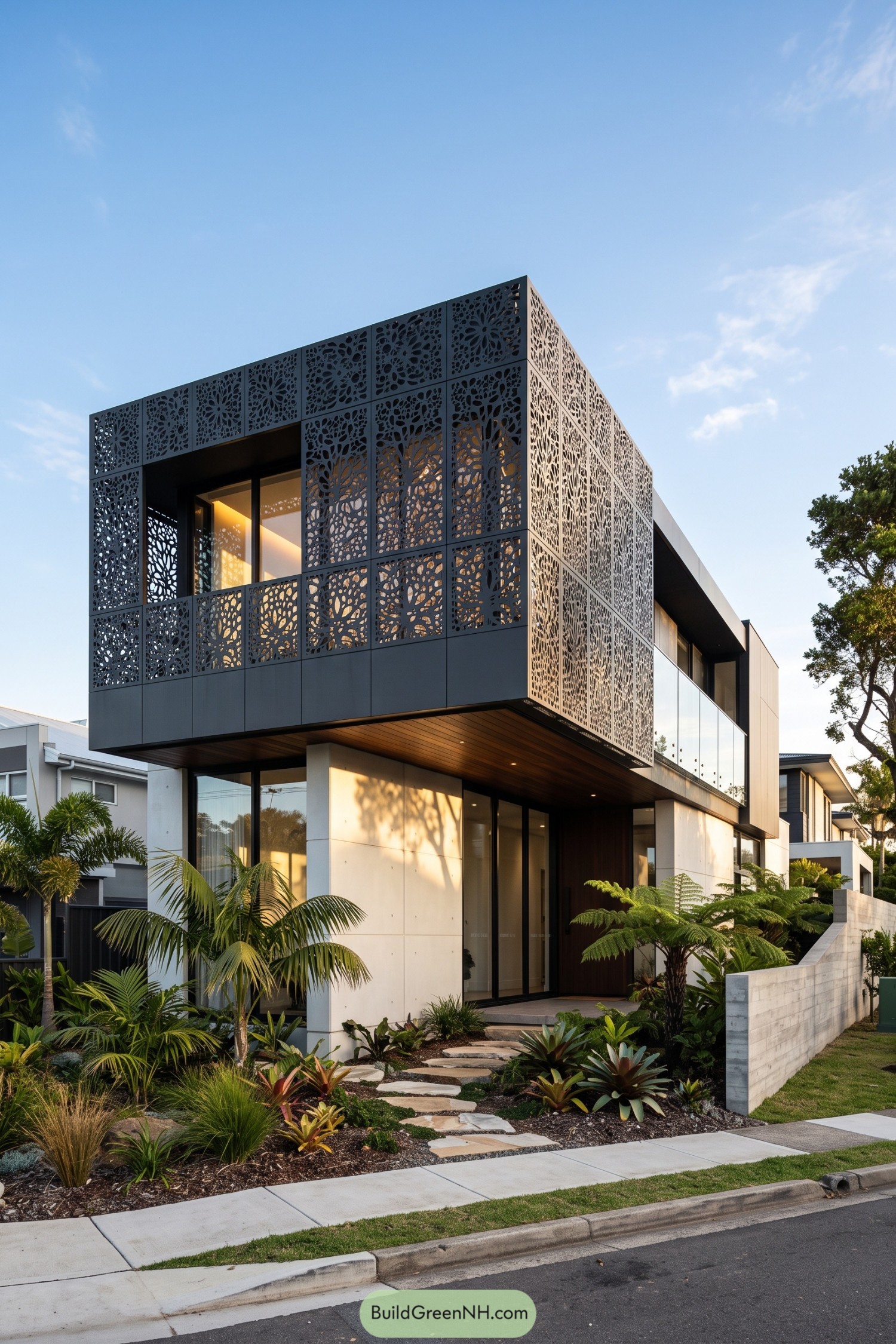Modern house with dark floral perforated facade panels