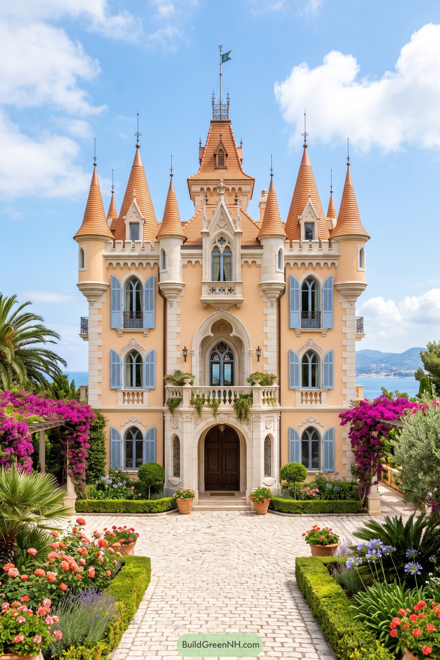 Peach turreted castle with blue shutters beside the sea