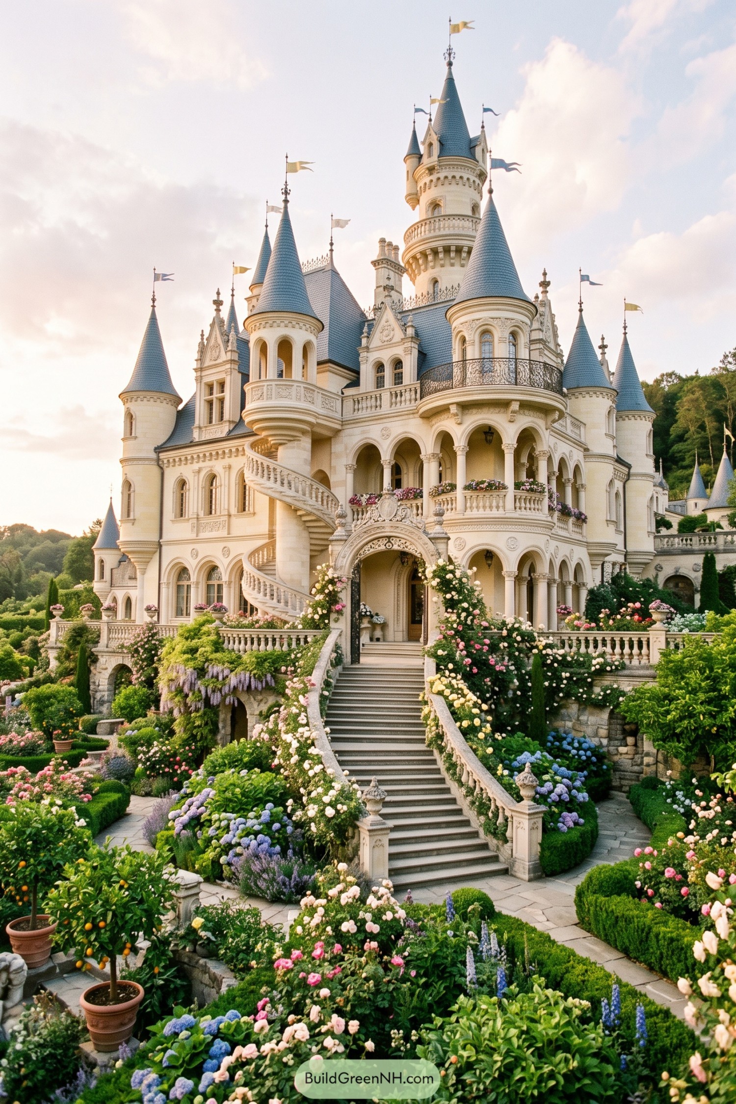 Cream stone castle with blue conical towers and a grand garden staircase